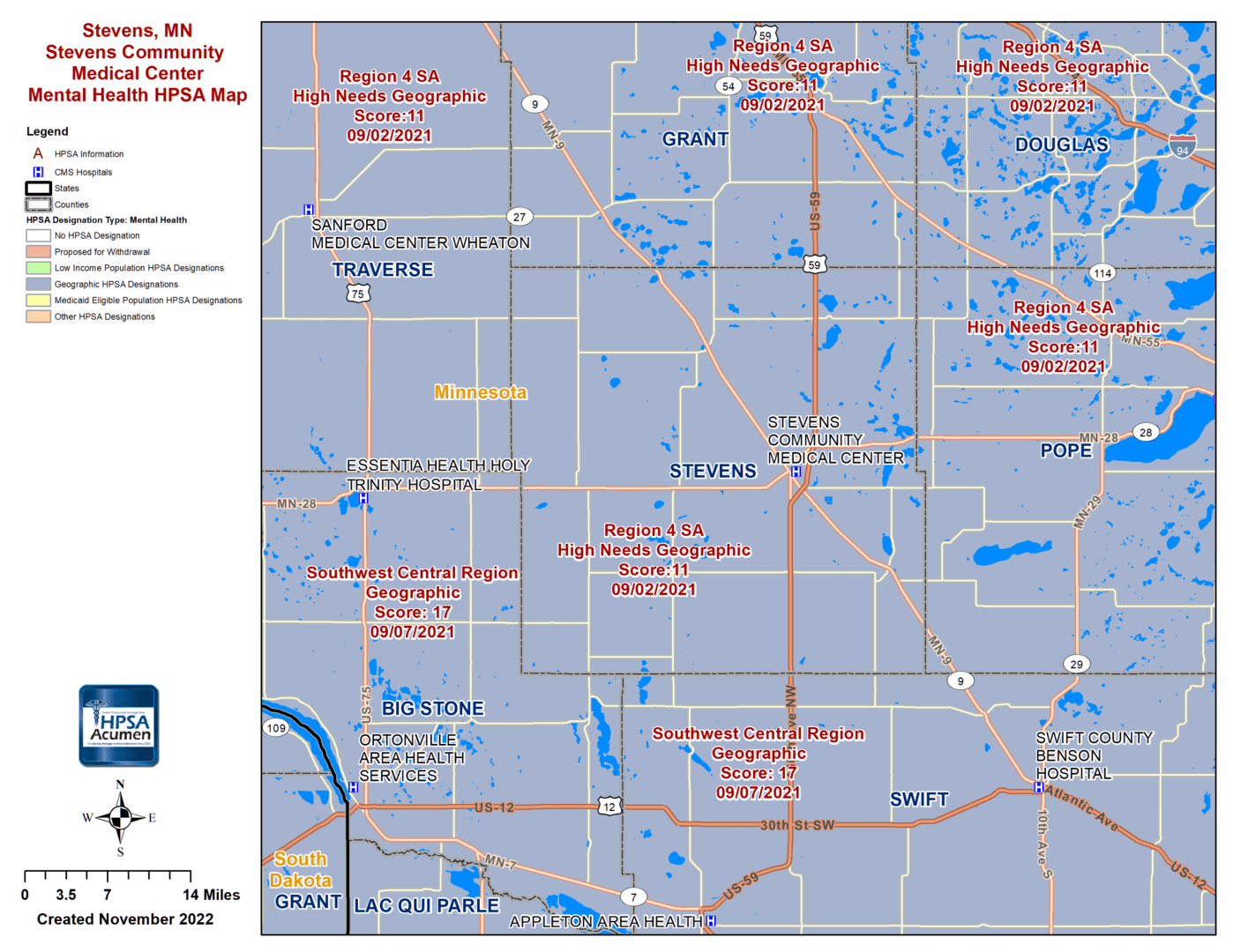 Stevens, MN MH HPSA Map