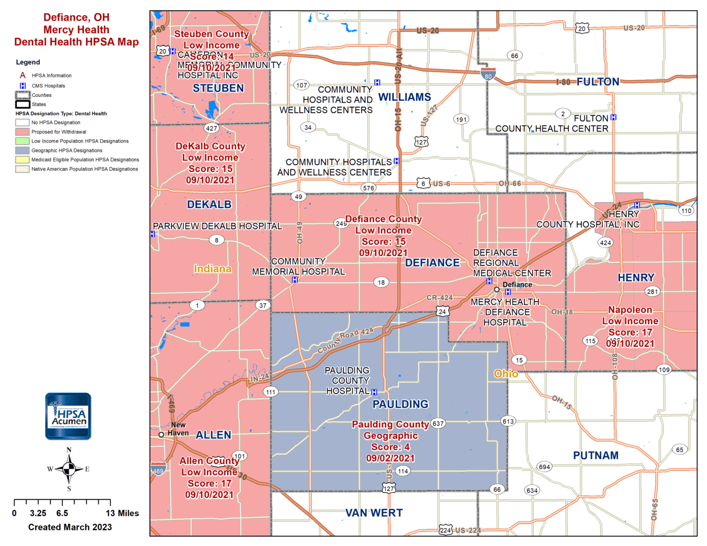 Defiance County, OH DH HPSA Map