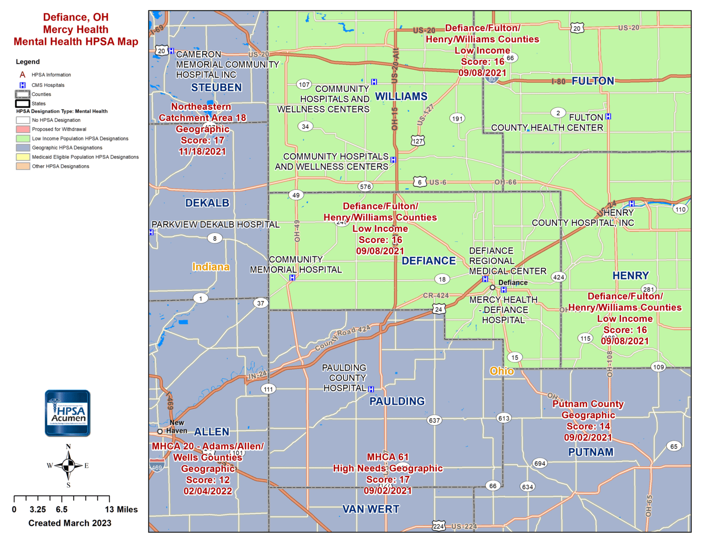 Defiance County, OH MH HPSA Map