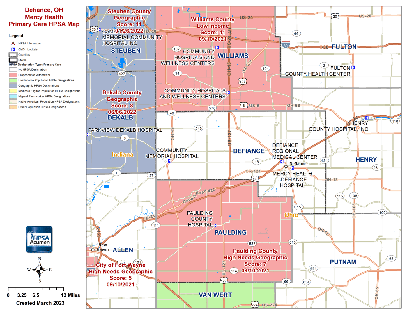 Defiance County, OH PC HPSA Map