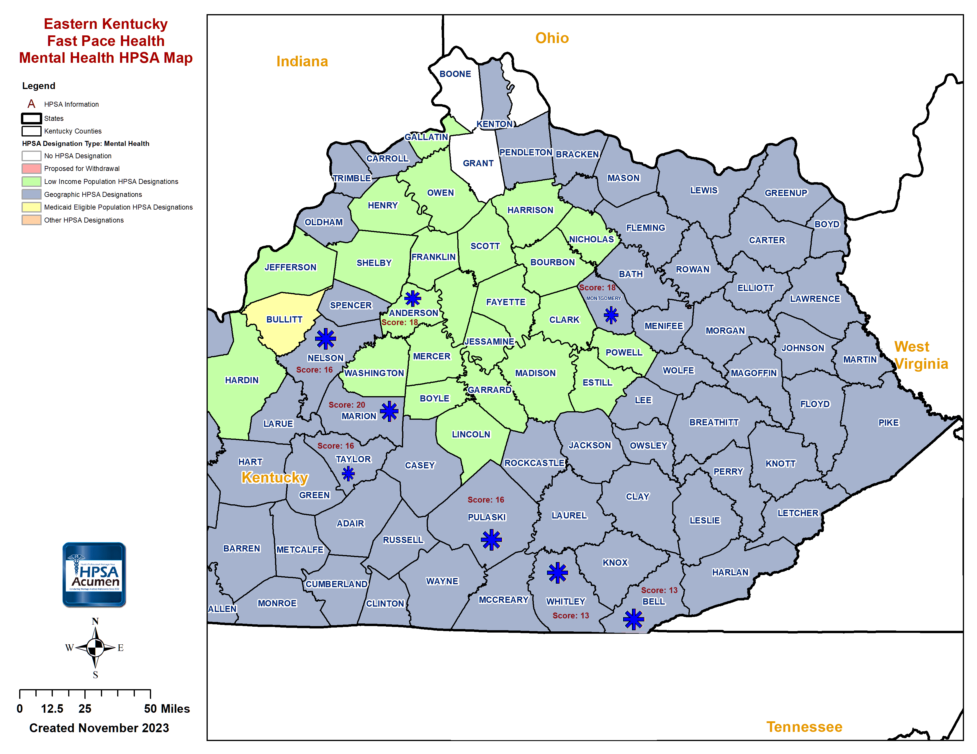 Fast Pace Health Eastern Kentucky MH HPSA Map