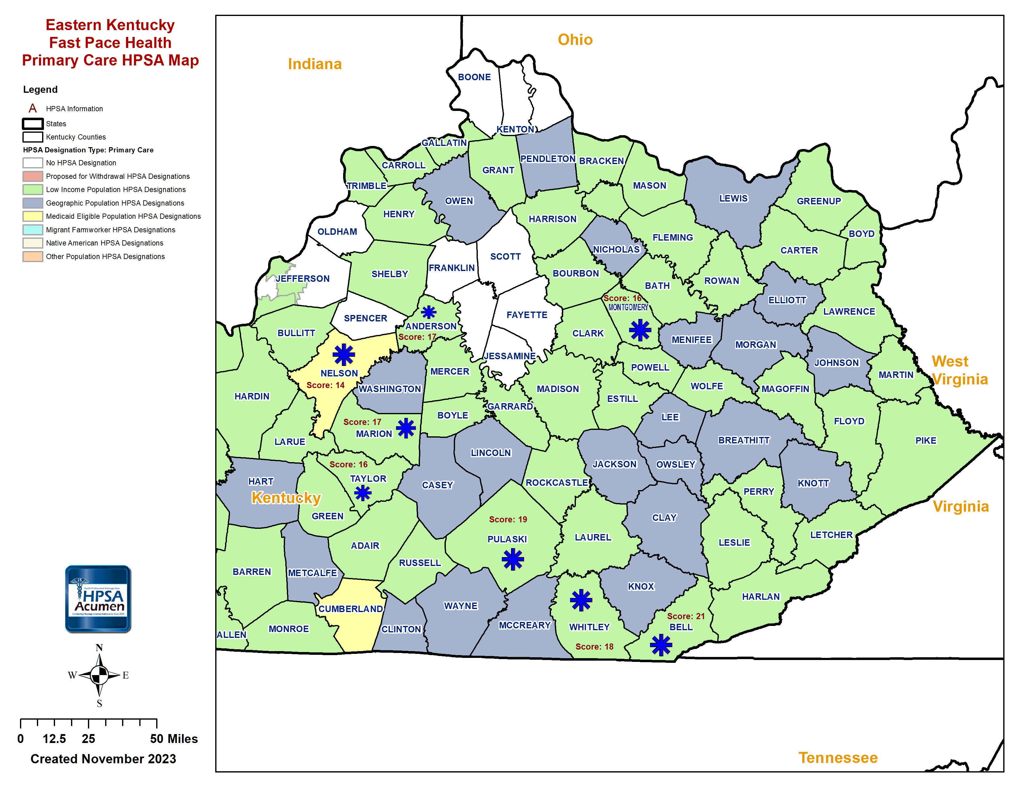 Fast Pace Health Eastern Kentucky PC HPSA Map