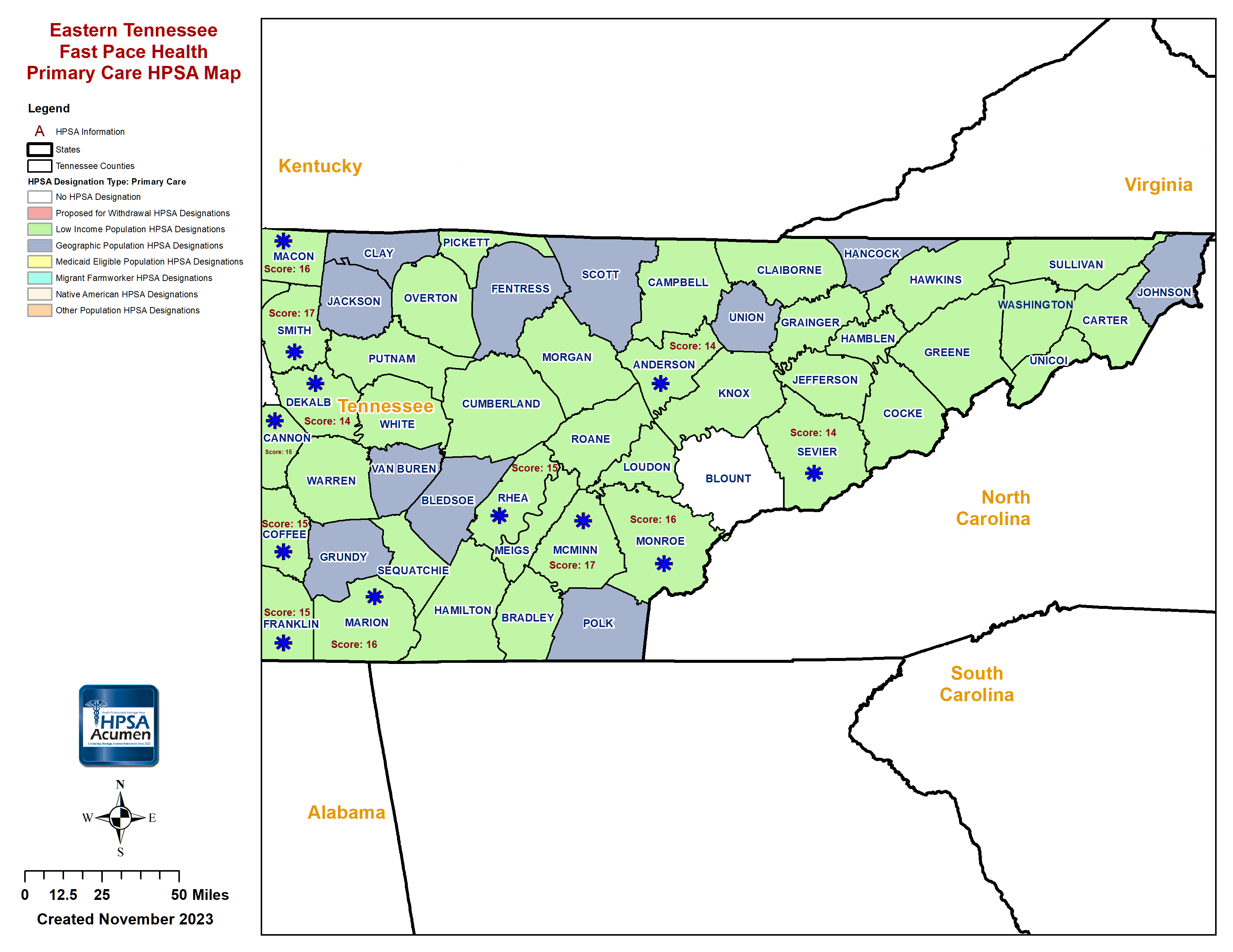 Fast Pace Health Eastern Tennessee PC HPSA Map