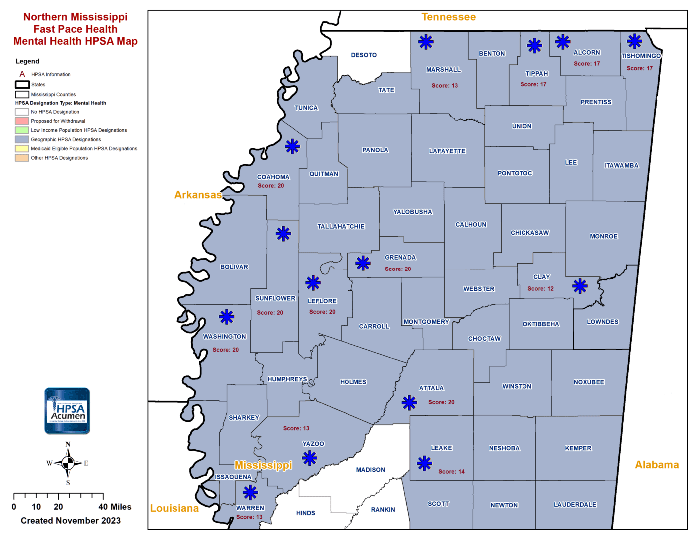 Fast Pace Health Northern Mississippi MH HPSA Map