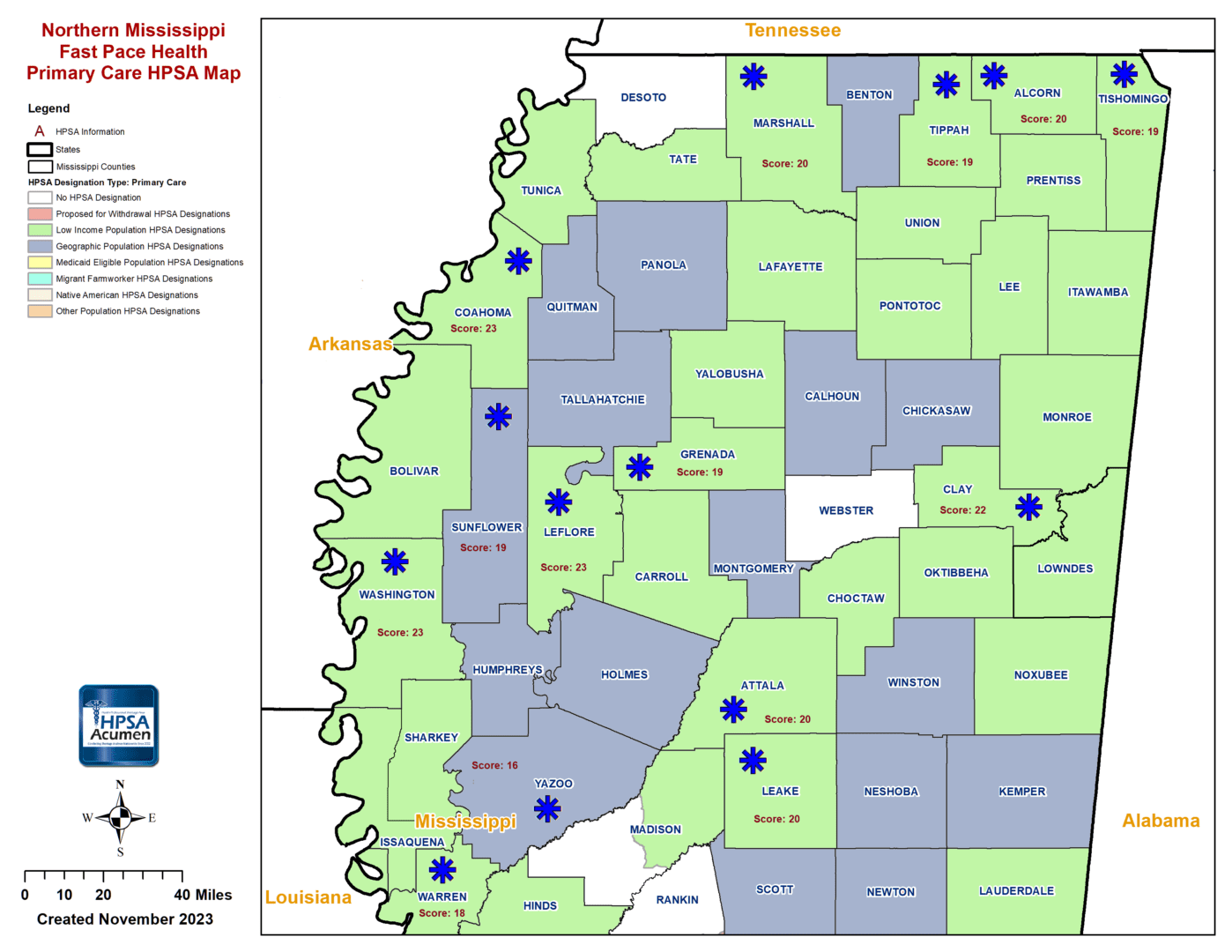 Fast Pace Health Northern Mississippi PC HPSA Map
