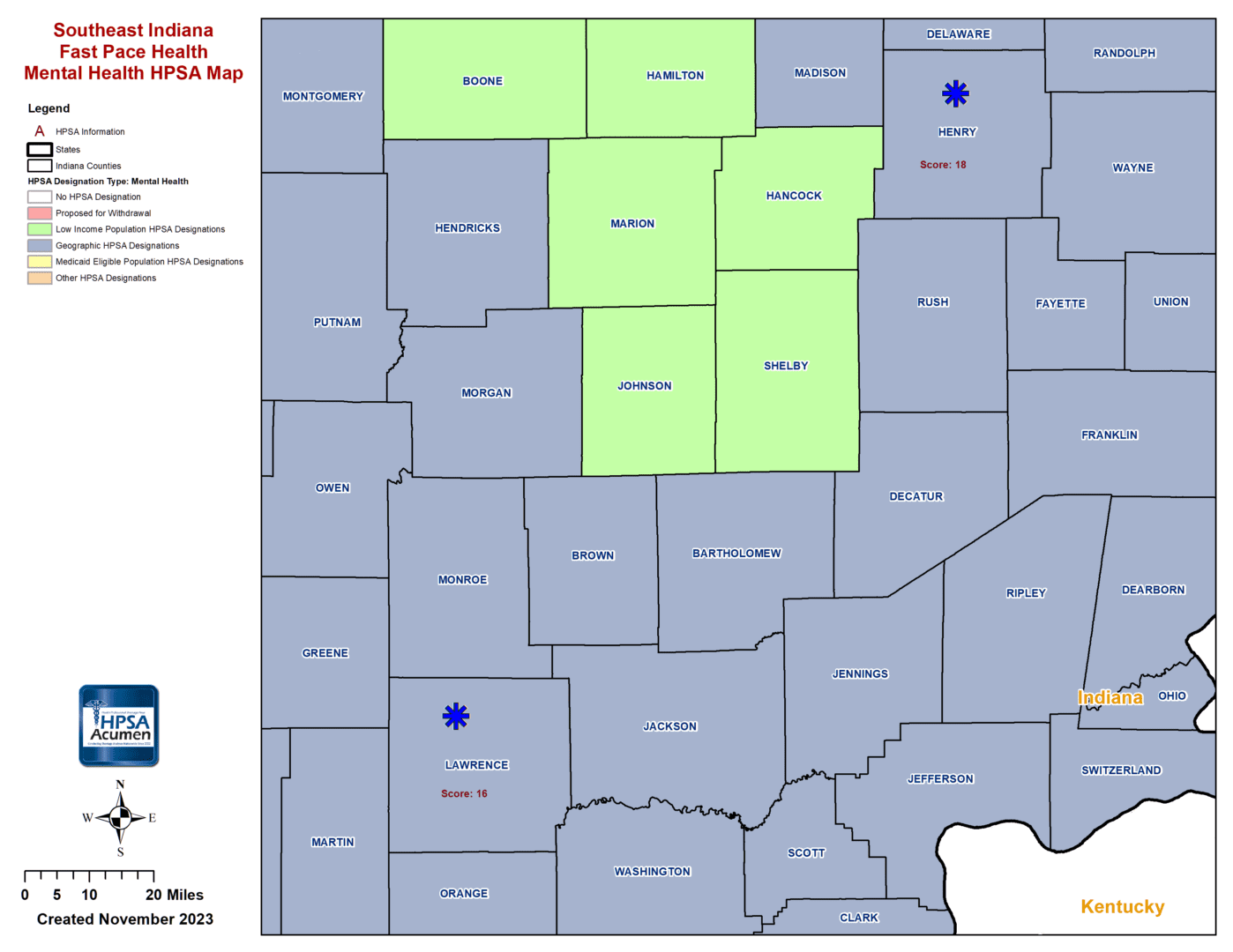 Fast Pace Health Southeast Indiana MH HPSA Map