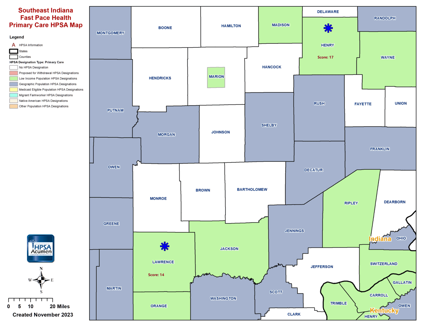 Fast Pace Health Southeast Indiana PC HPSA Map
