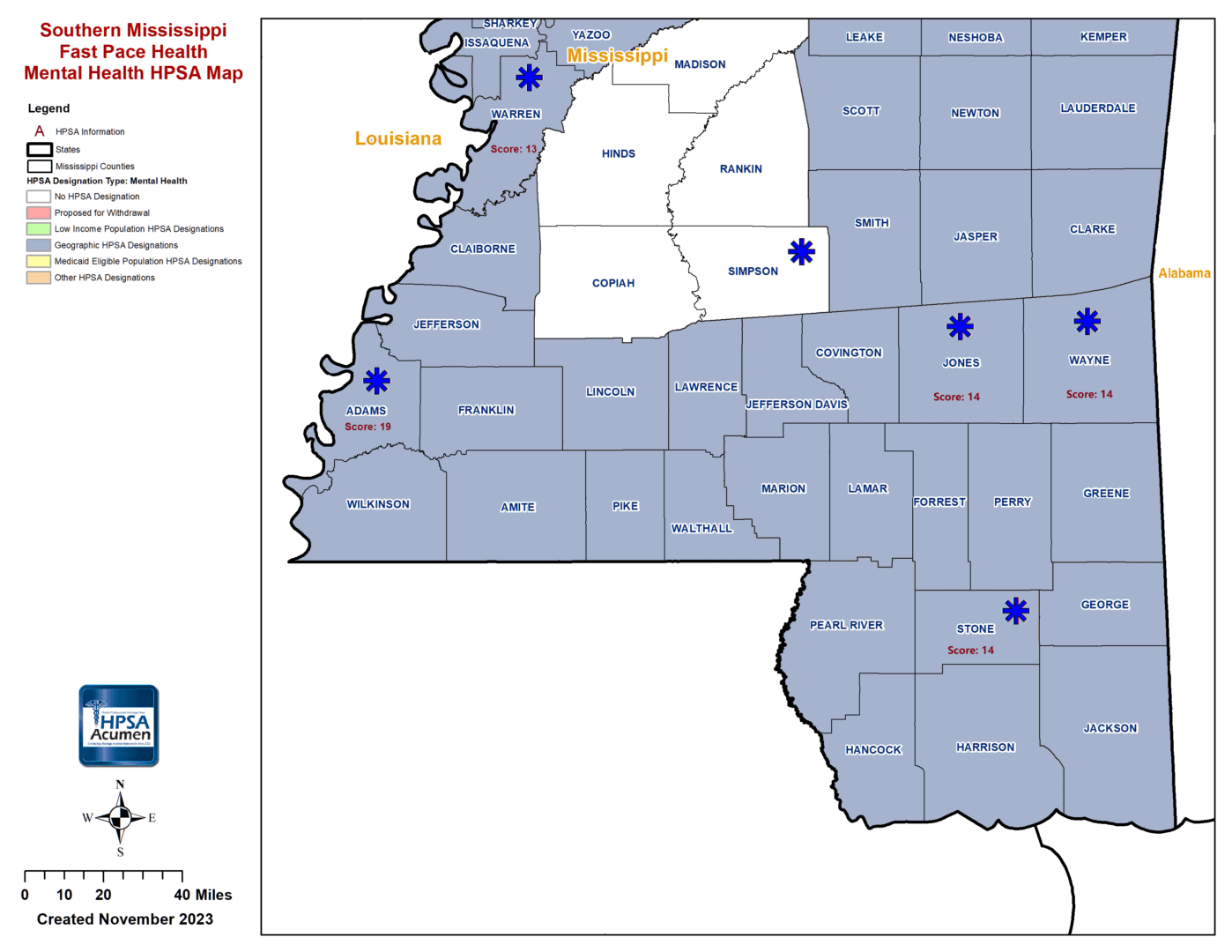 Fast Pace Health Southern Mississippi MH HPSA Map