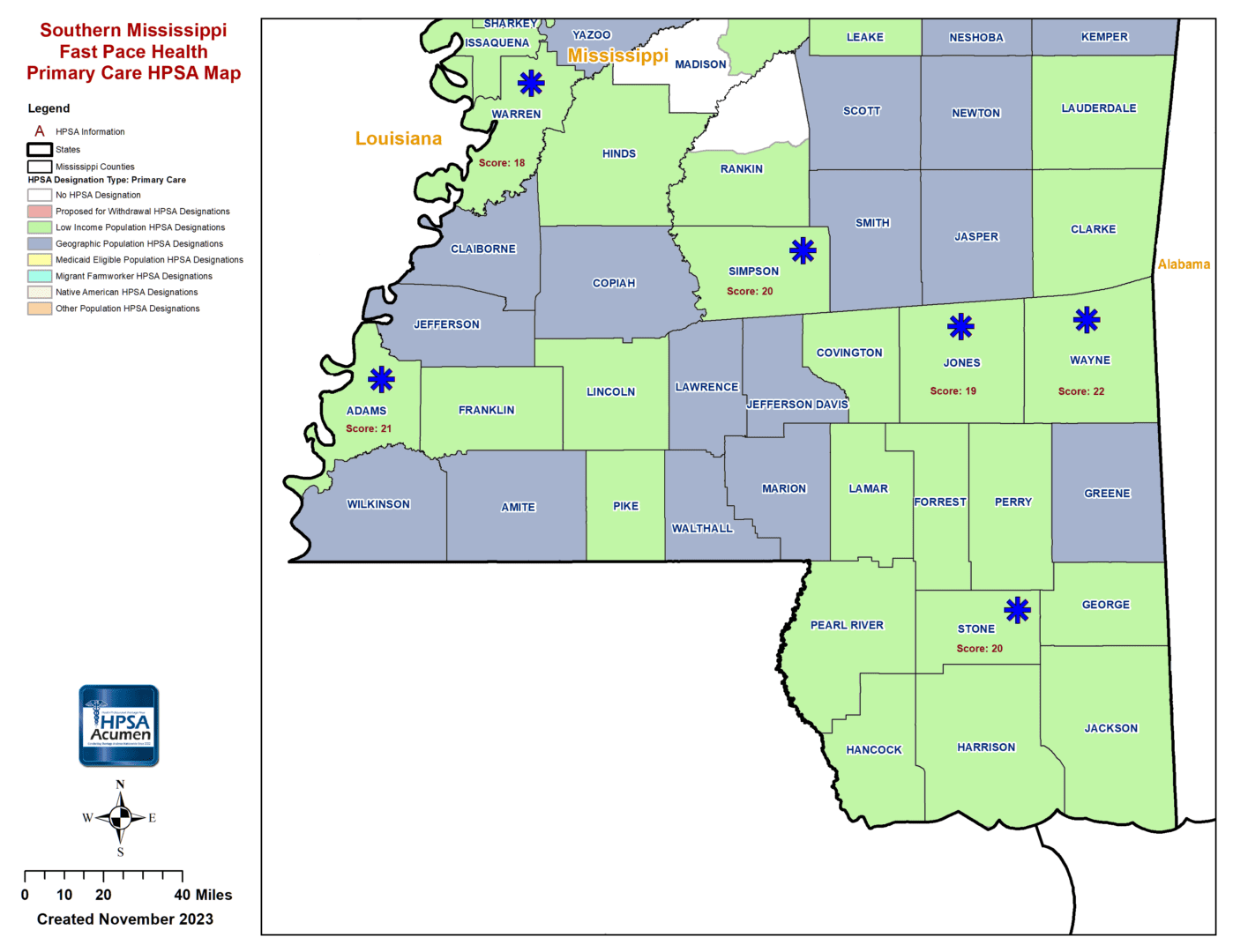 Fast Pace Health Southern Mississippi PC HPSA Map