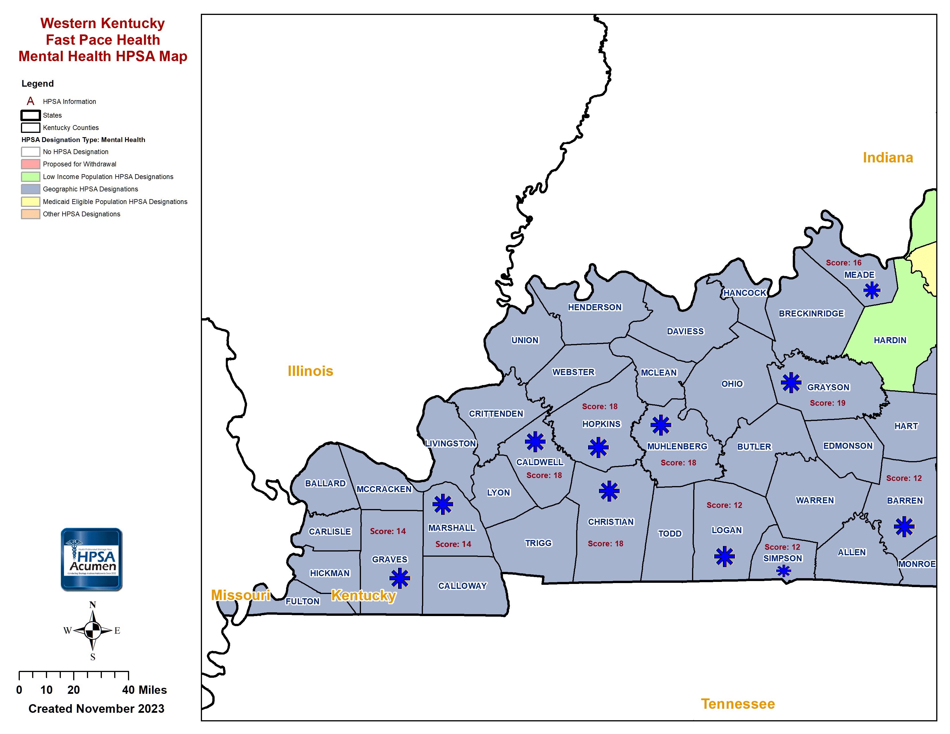 Fast Pace Health Western Kentucky MH HPSA Map