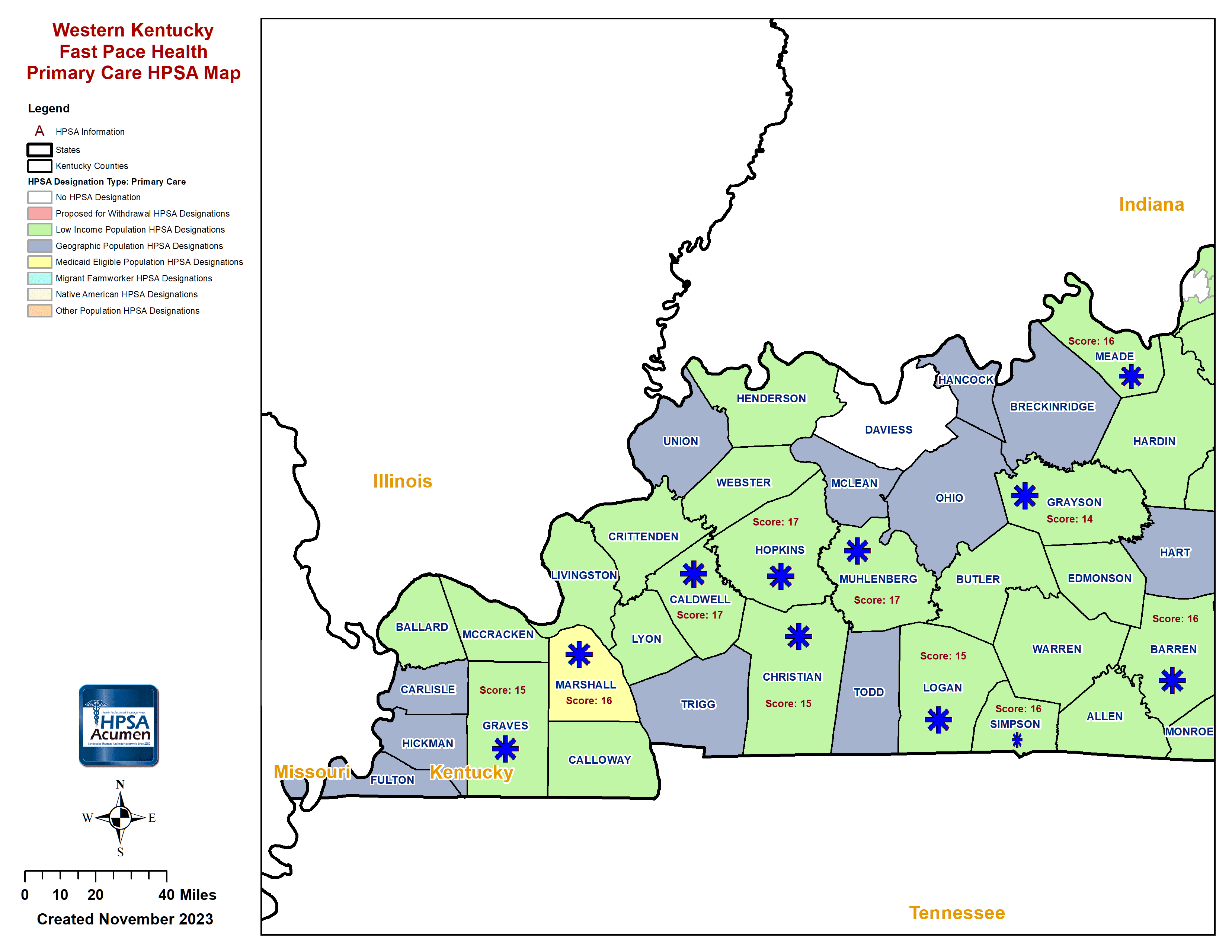 Fast Pace Health Western Kentucky PC HPSA Map