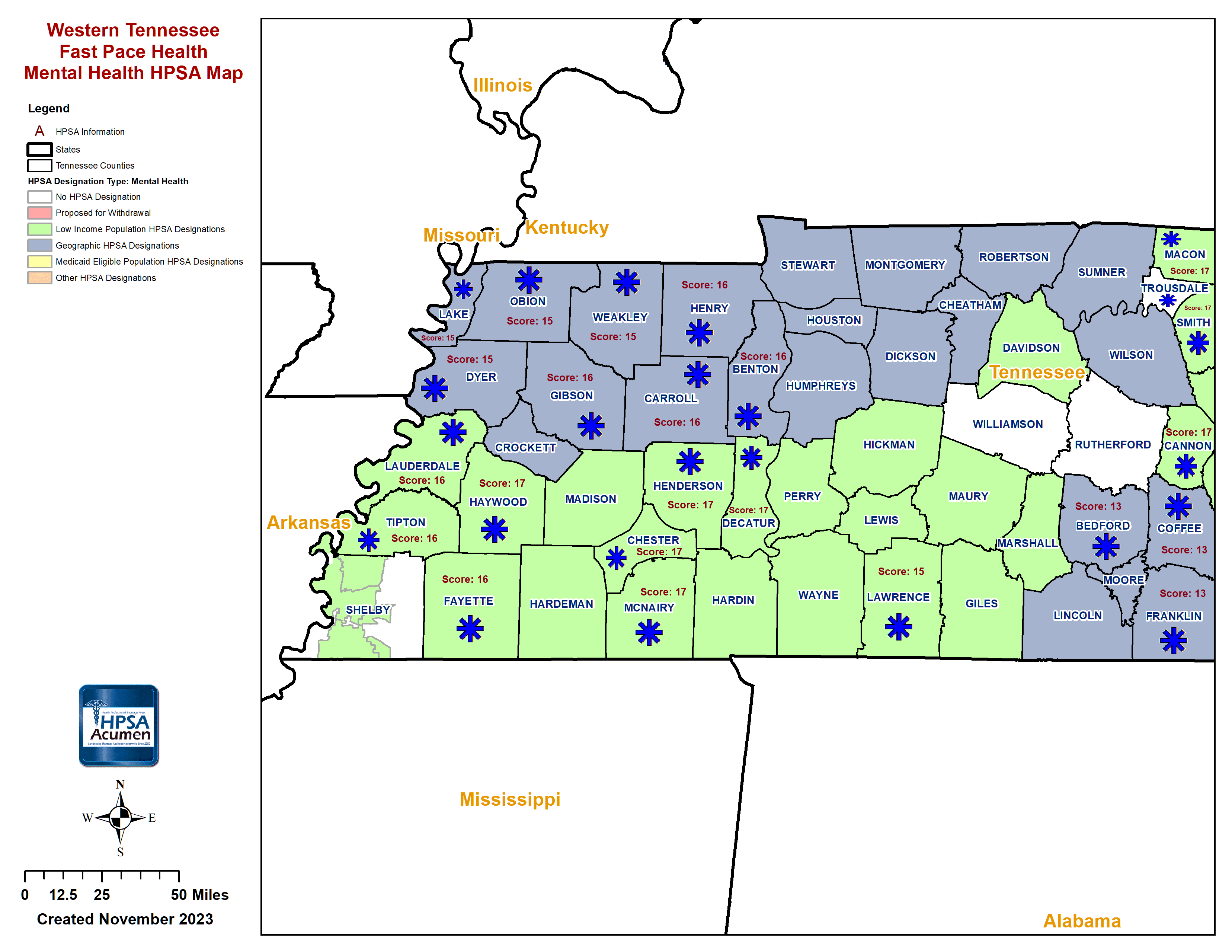 Fast Pace Health Western Tennessee MH HPSA Map