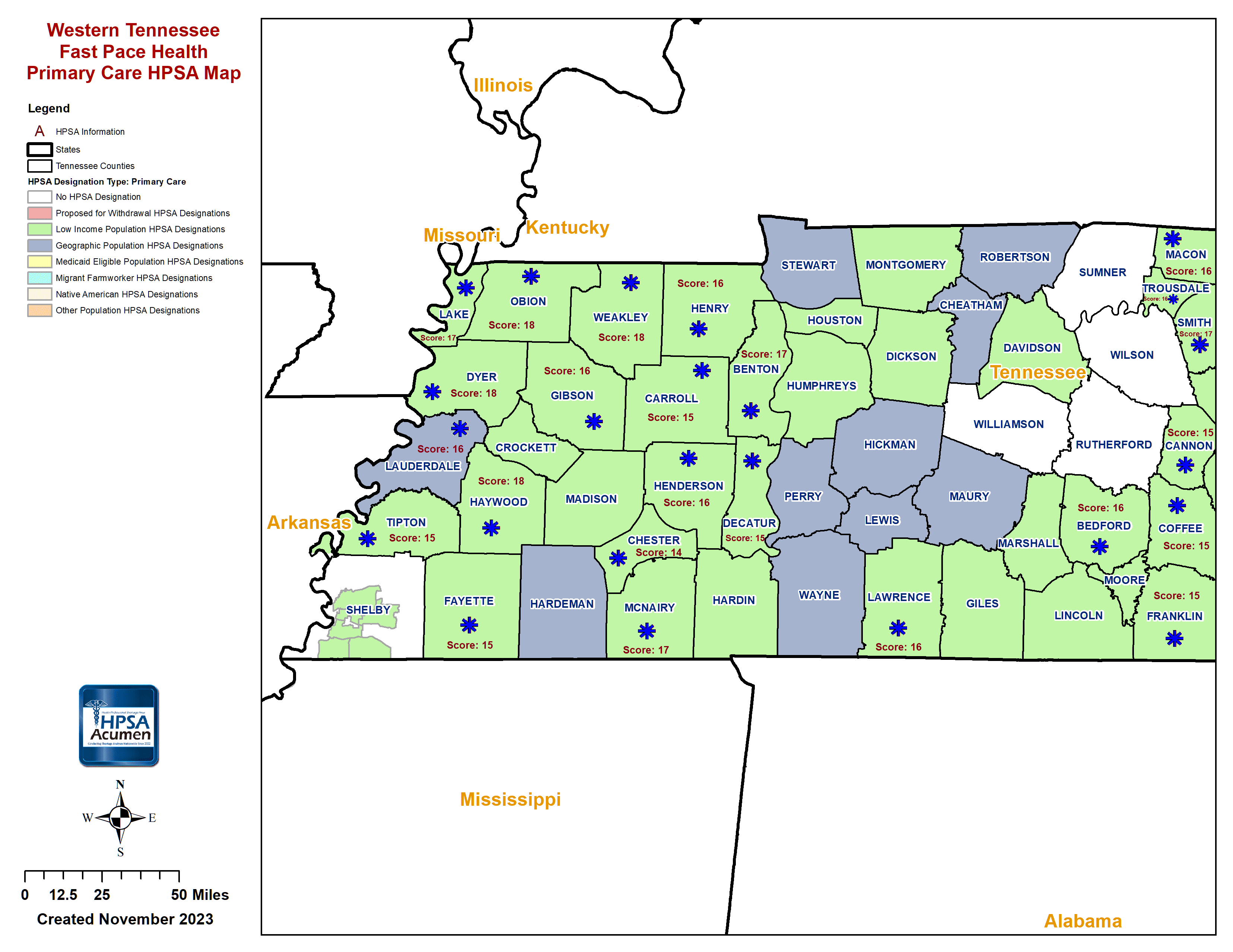 Fast Pace Health Western Tennessee PC HPSA Map