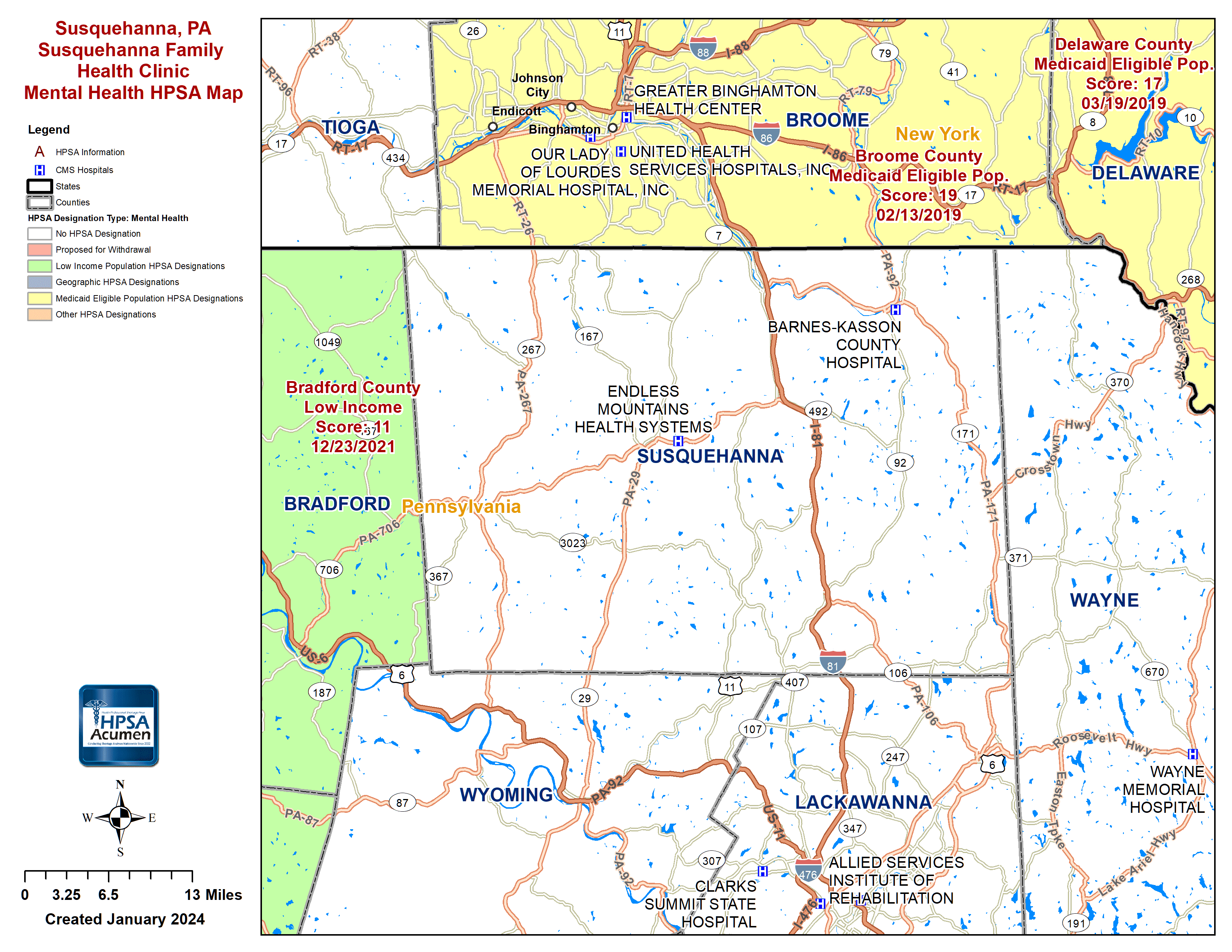 Susquehanna, PA MH HPSA Map