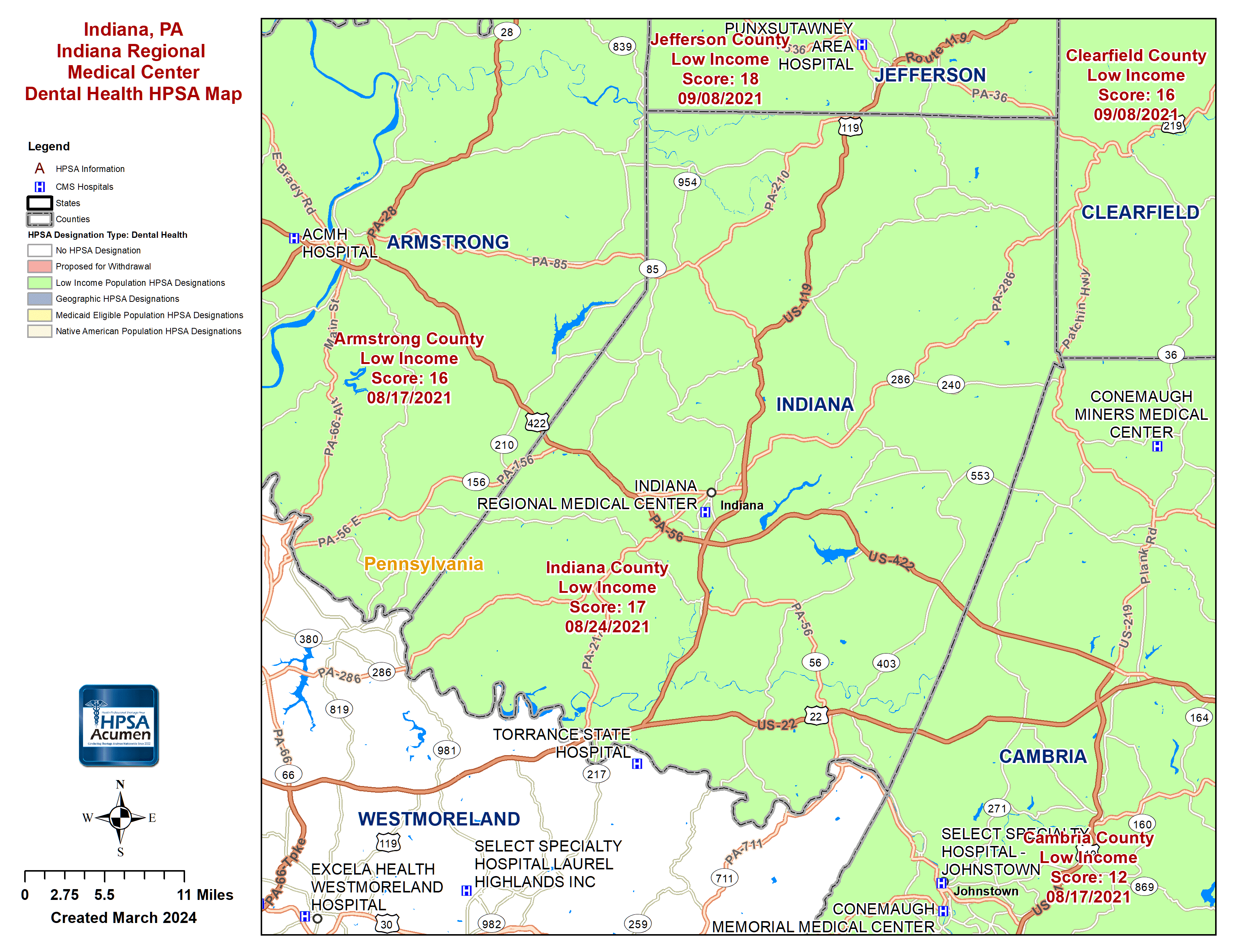 Indiana, PA DH HPSA Map