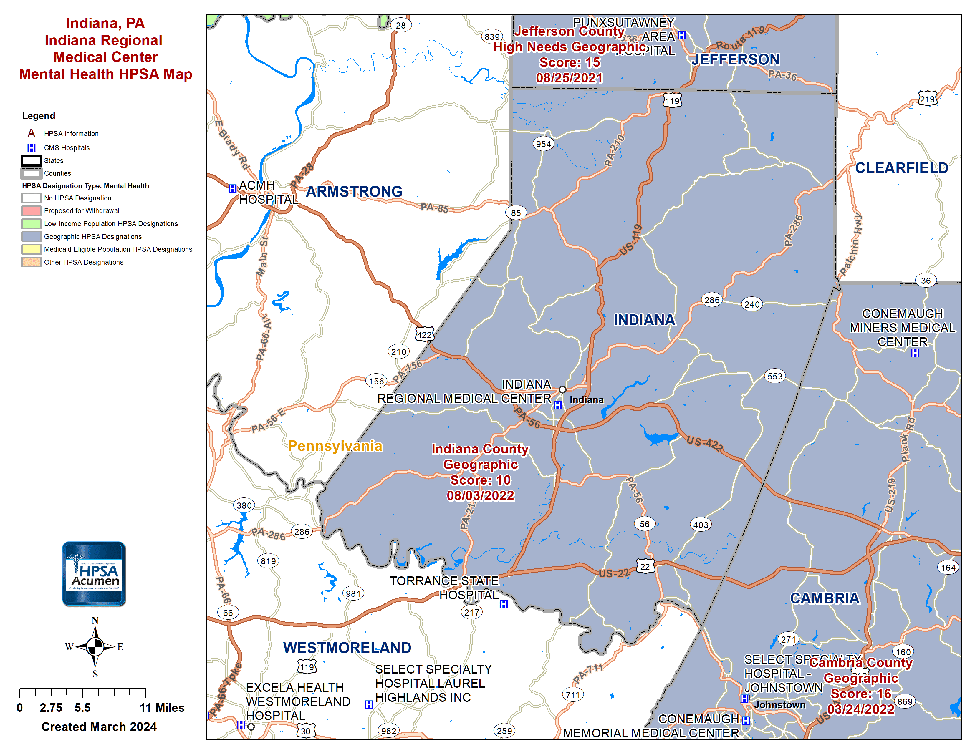 Indiana, PA MH HPSA Map