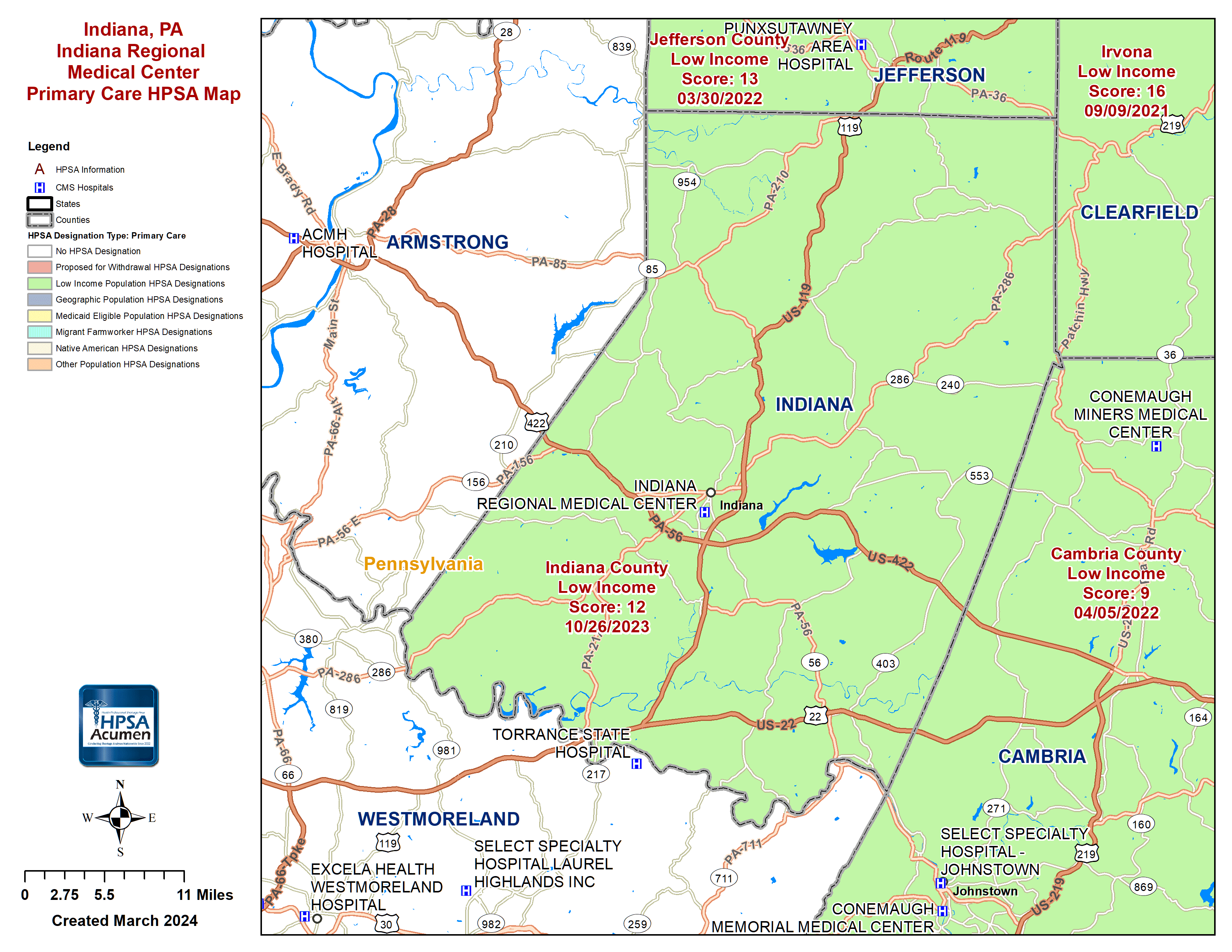Indiana, PA PC HPSA Map