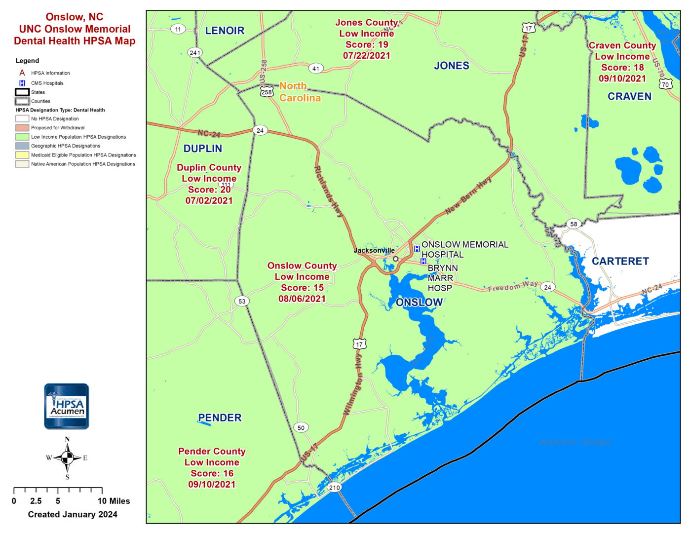 Onslow, NC DH HPSA Map