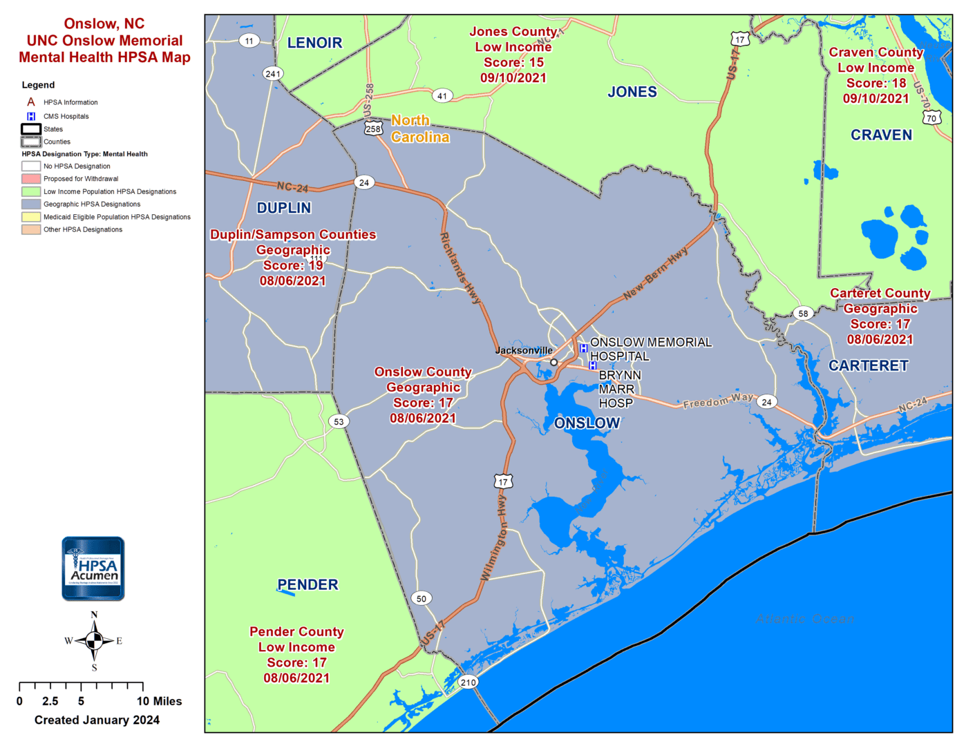 Onslow, NC MH HPSA Map