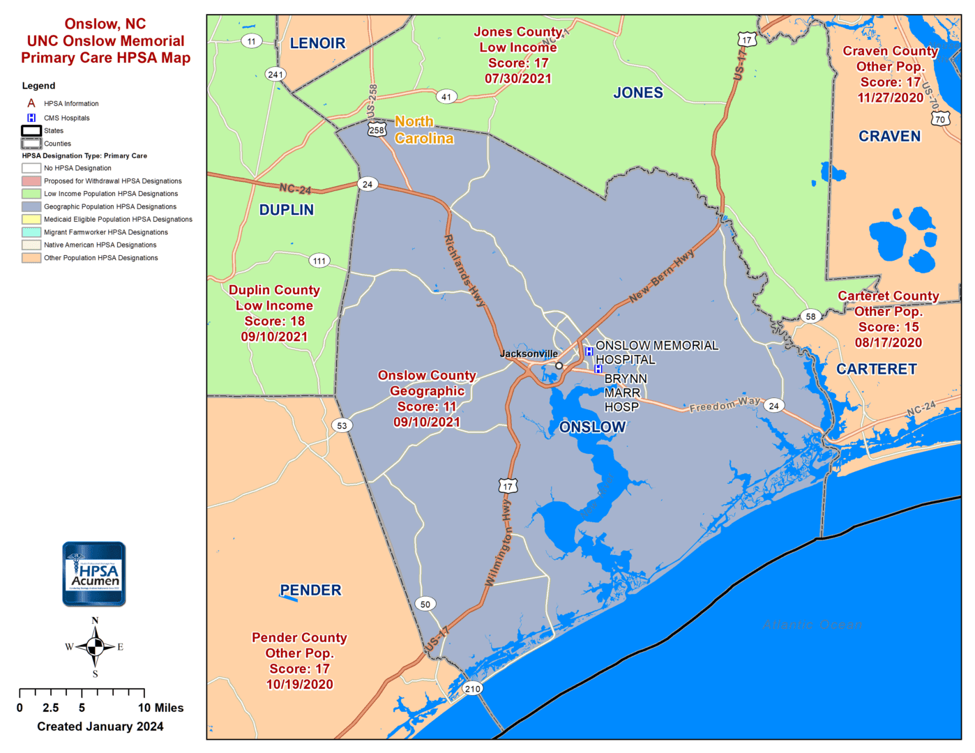 Onslow, NC PC HPSA Map