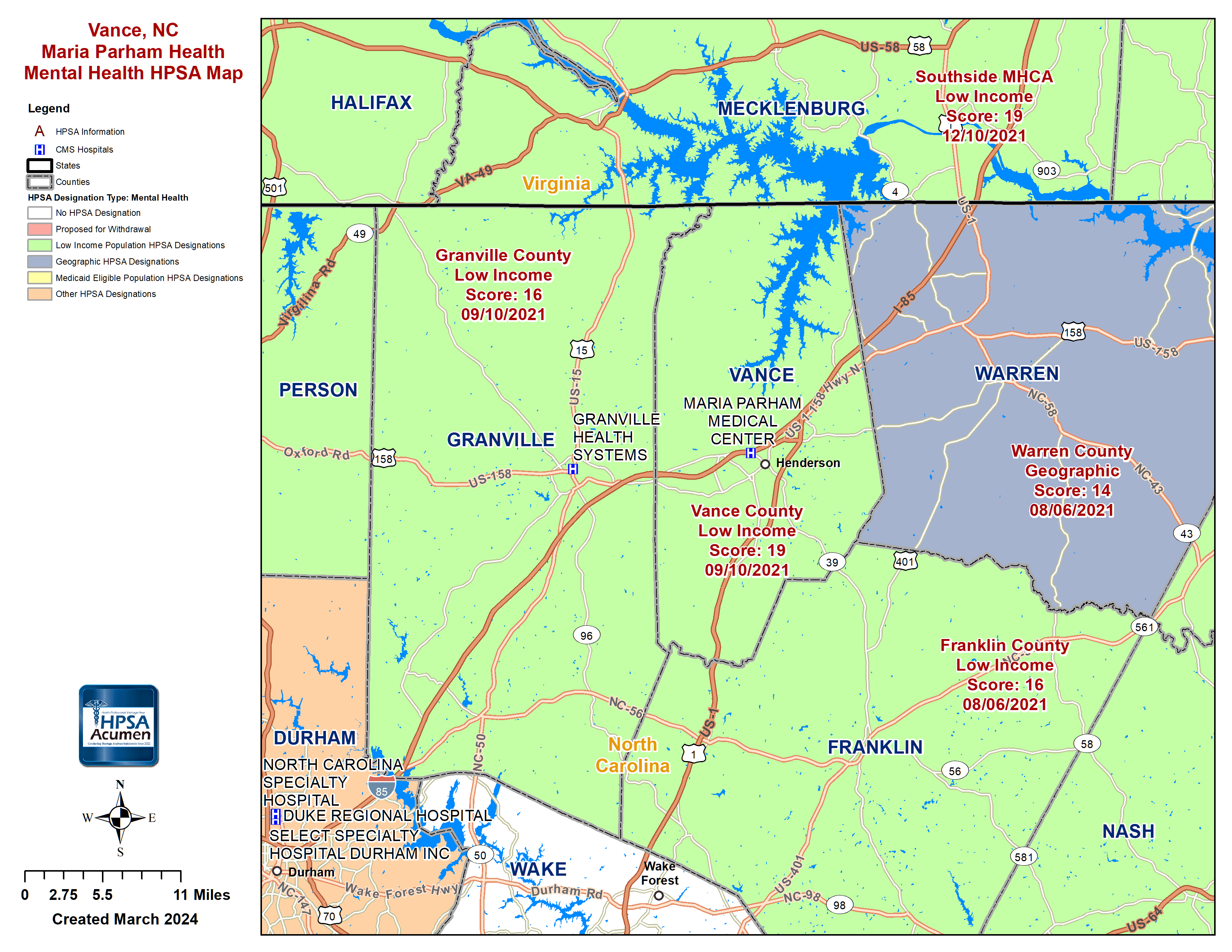 Vance, NC MH HPSA Map