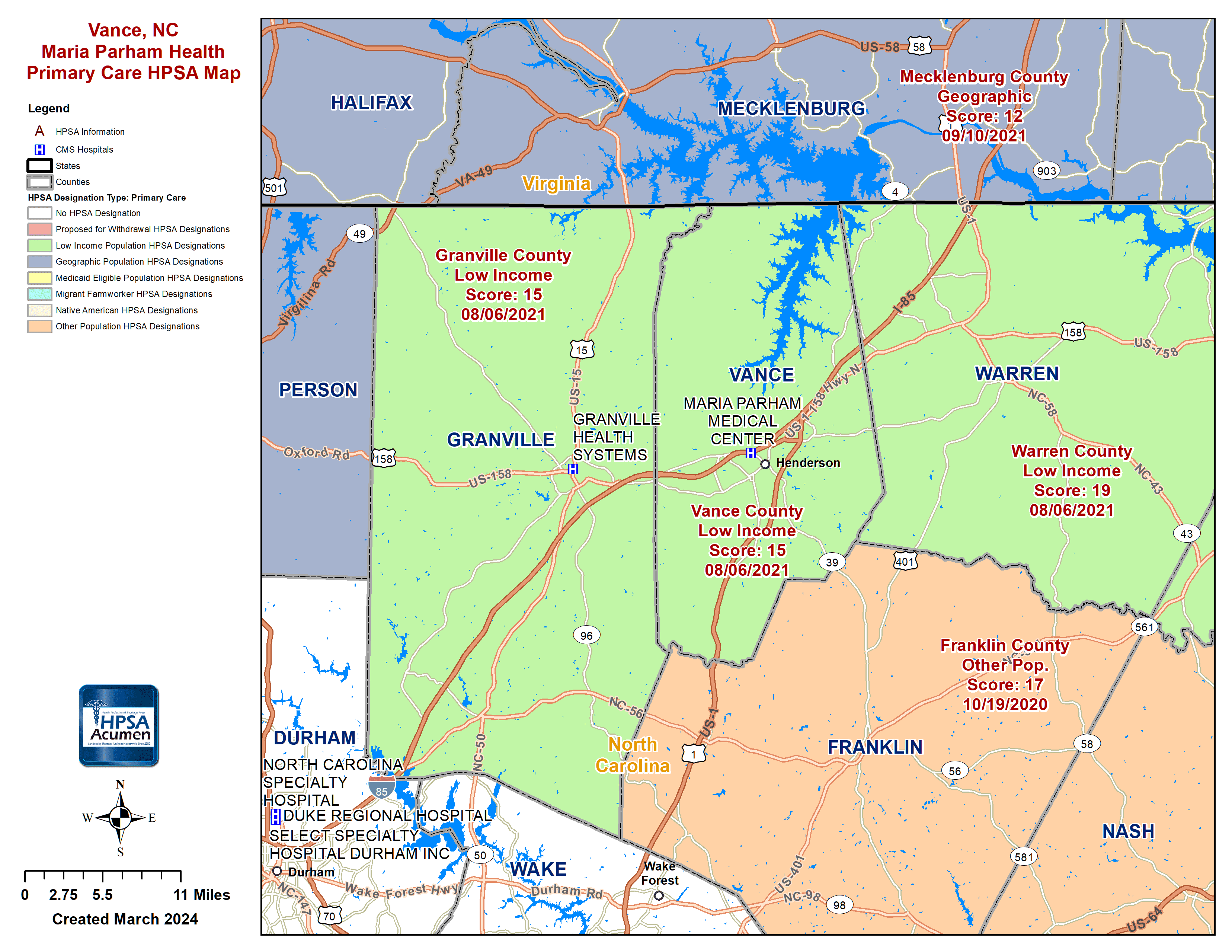 Vance, NC PC HPSA Map