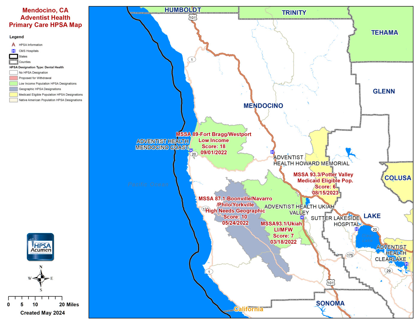 Mendocino, CA DH HPSA Map