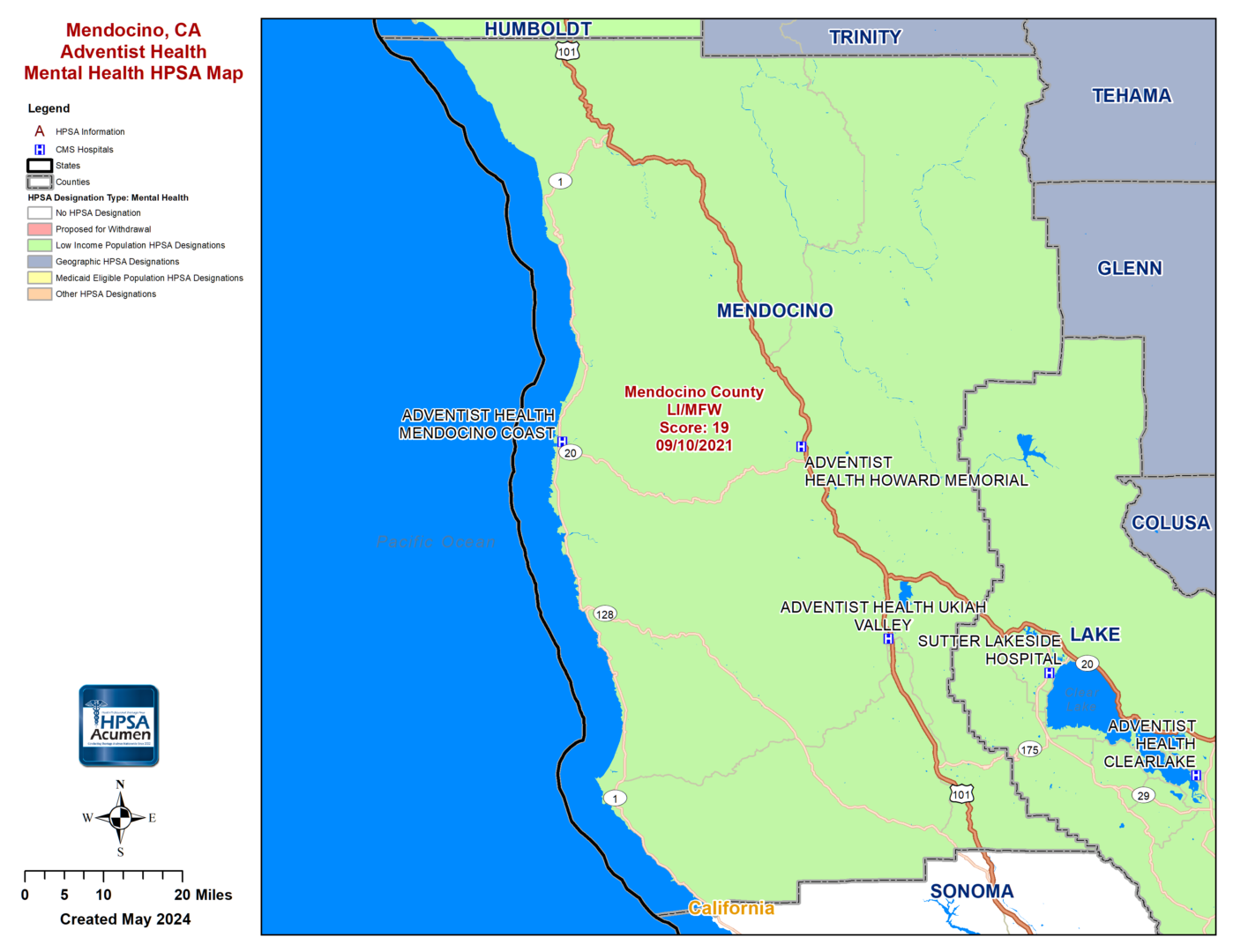 Mendocino, CA MH HPSA Map