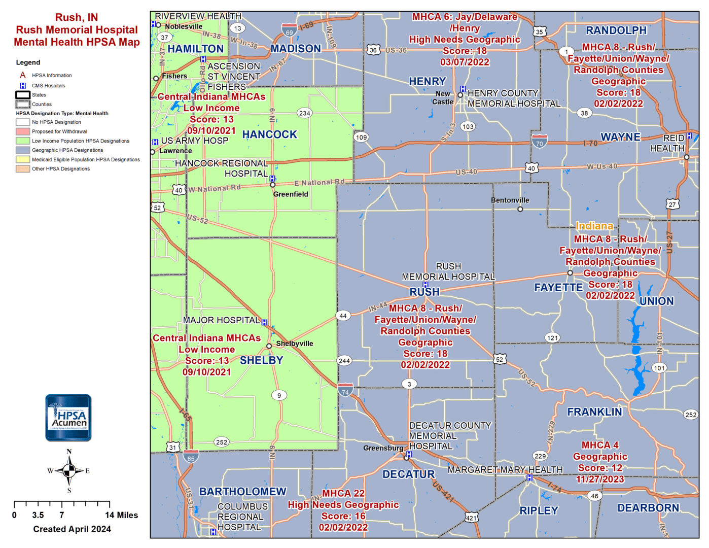 Rush, IN MH HPSA Map