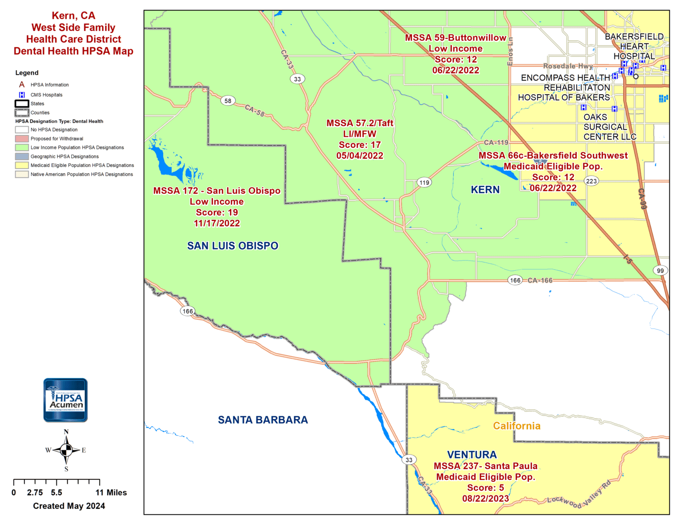 Kern, CA - West Side Family - DH HPSA Map