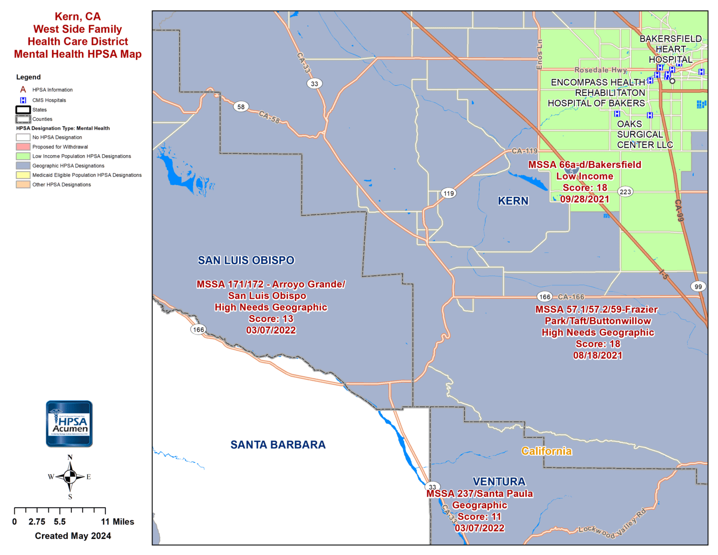 Kern, CA - West Side Family - MH HPSA Map