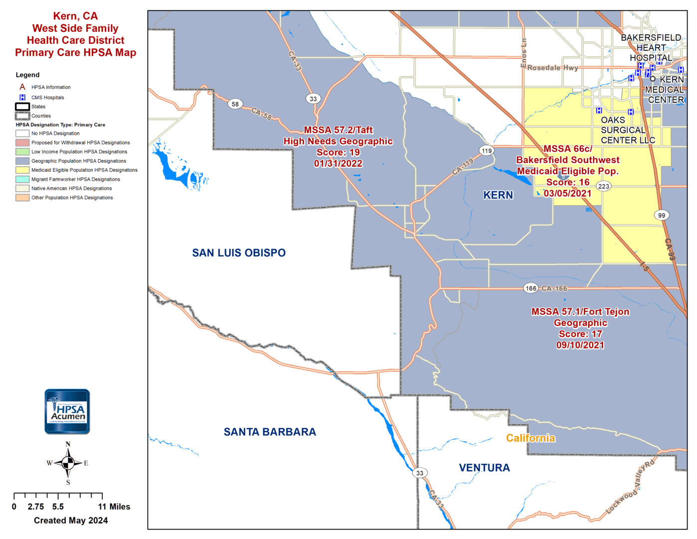 Kern, CA - West Side Family - PC HPSA Map