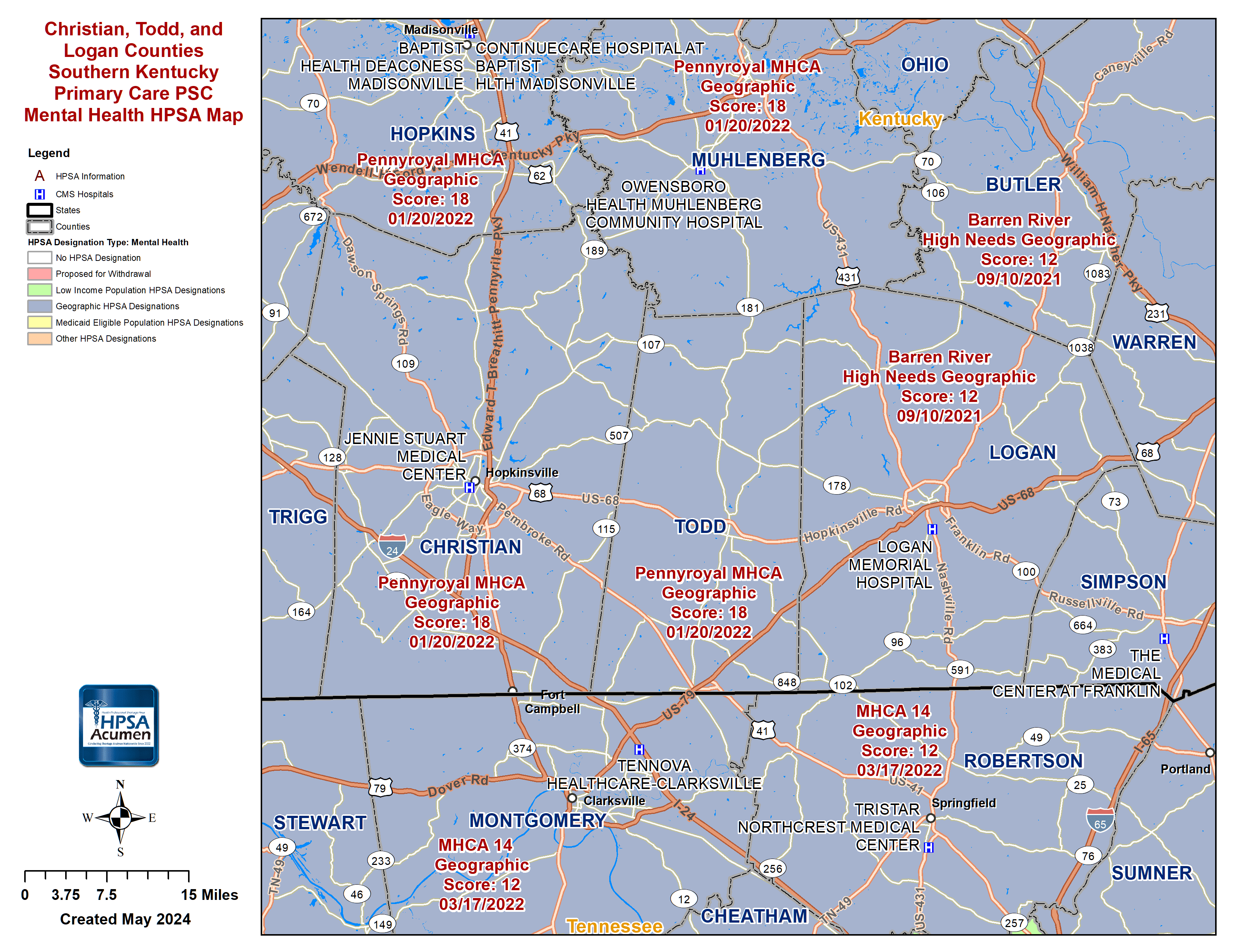 Southern Kentucky MH HPSA Map