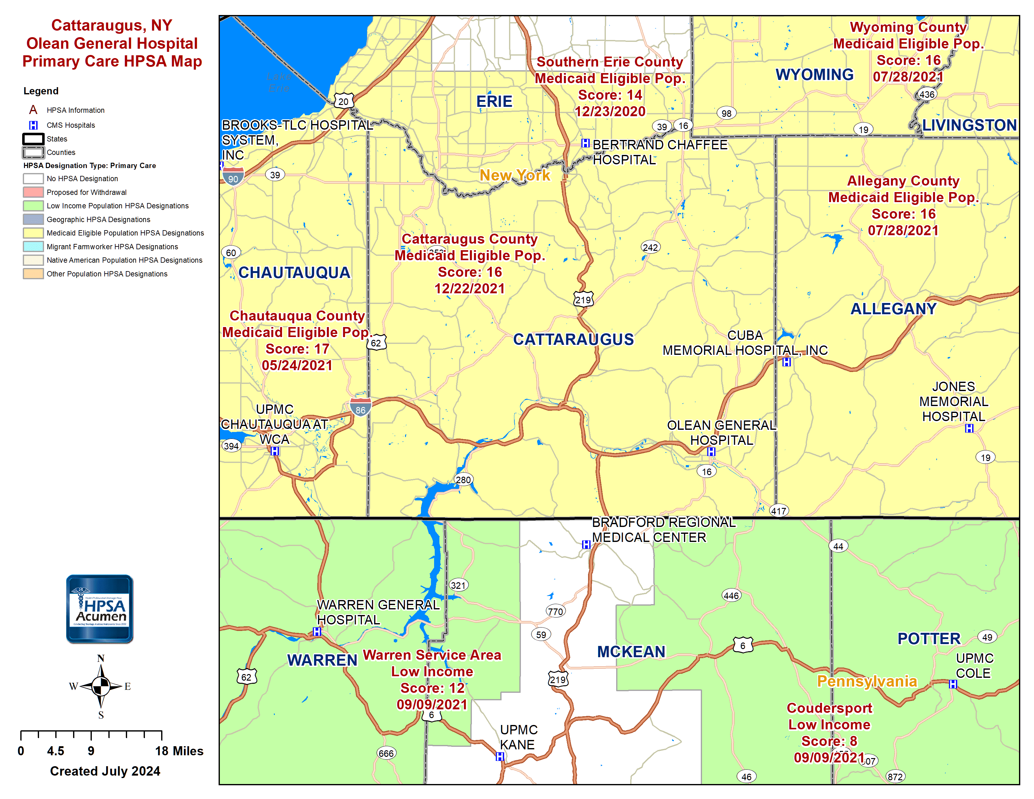 Cattaraugus, NY PC HPSA Map