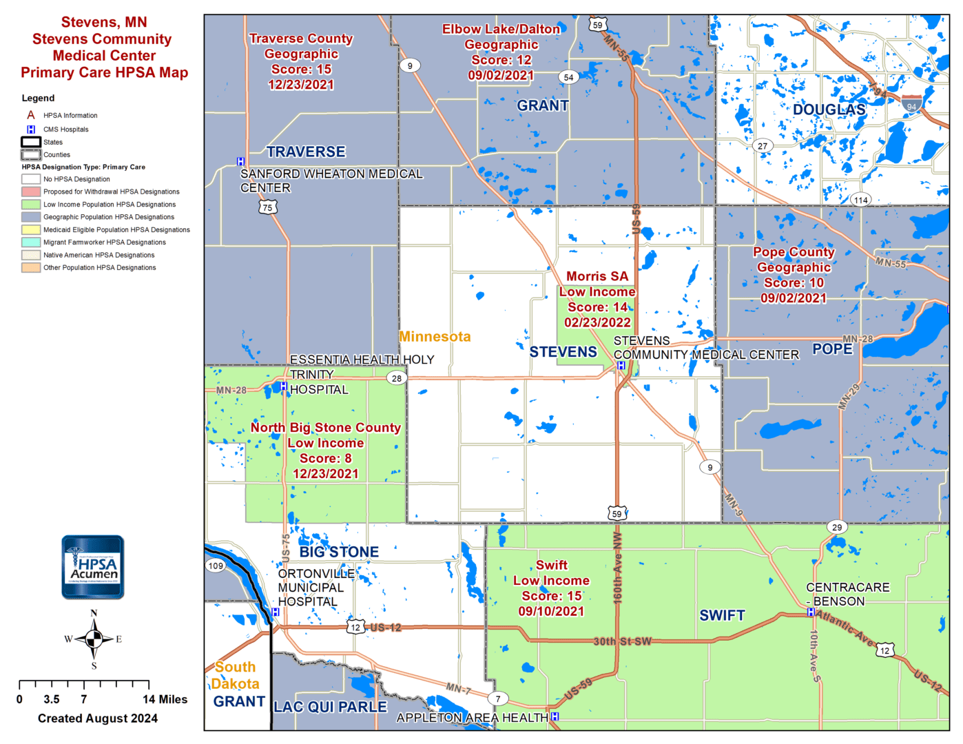 Stevens, MN PC HPSA Map