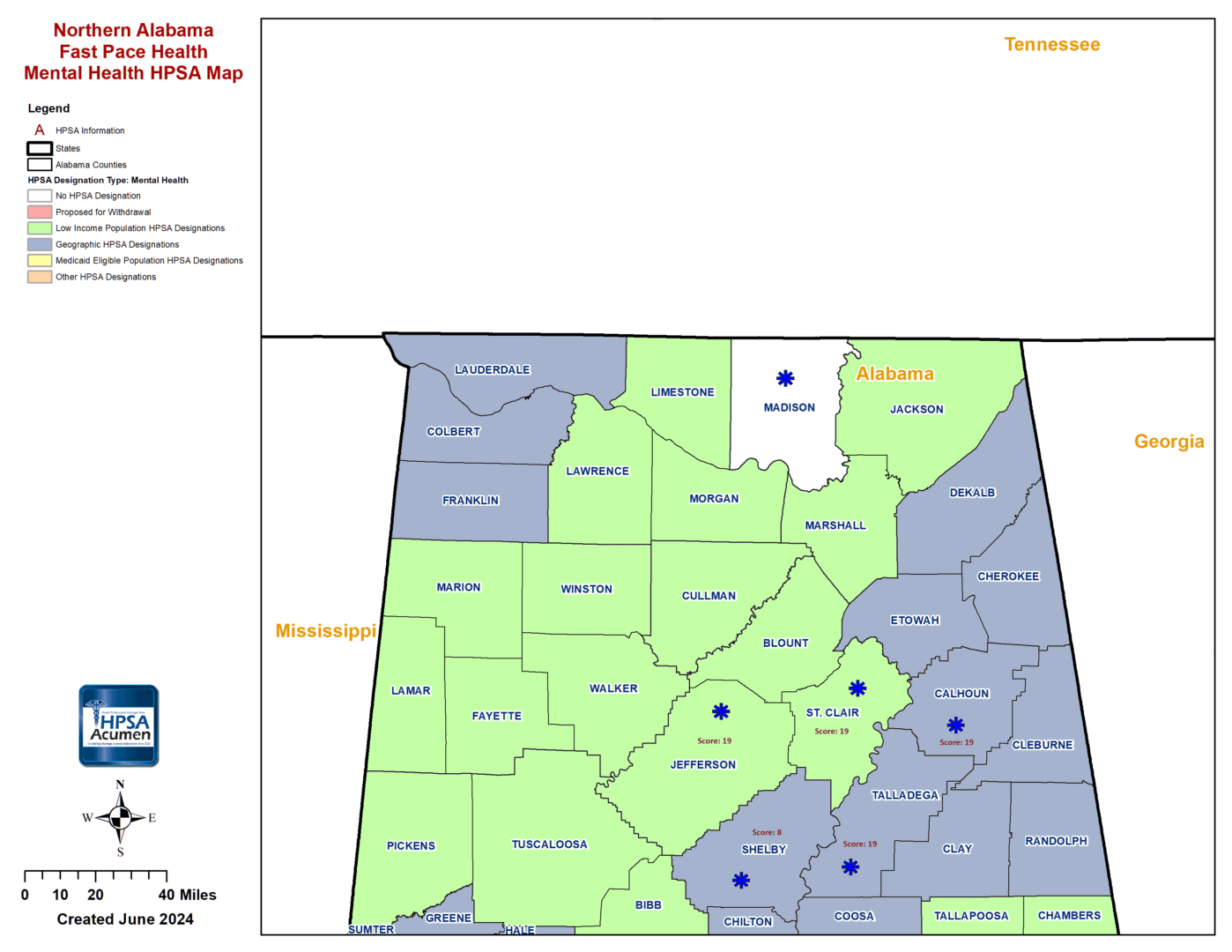 AL - Fast Pace Health Northern Alabama MH HPSA Map