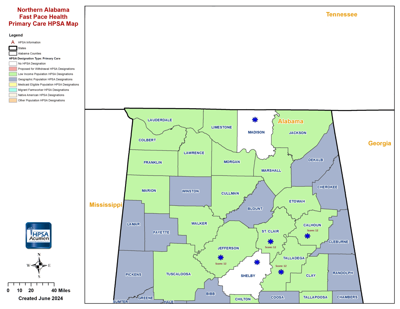 AL - Fast Pace Health Northern Alabama PC HPSA Map