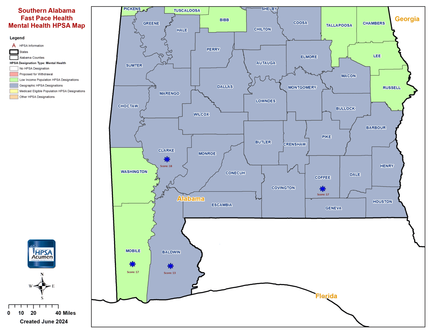 AL - Fast Pace Health Southern Alabama MH HPSA Map