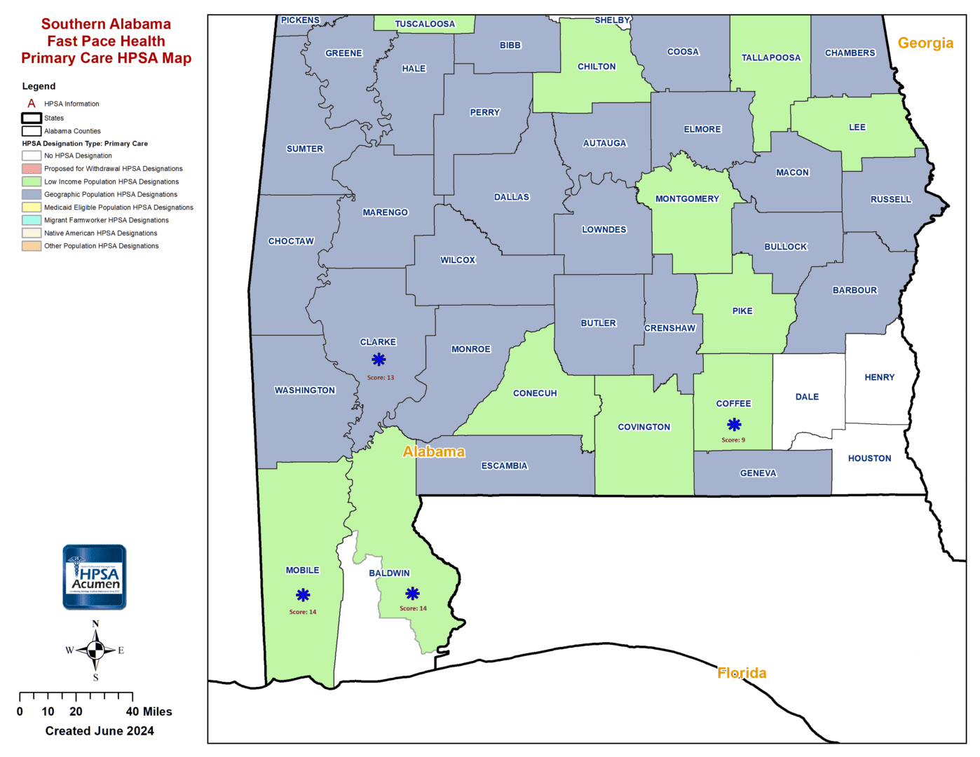 AL - Fast Pace Health Southern Alabama PC HPSA Map