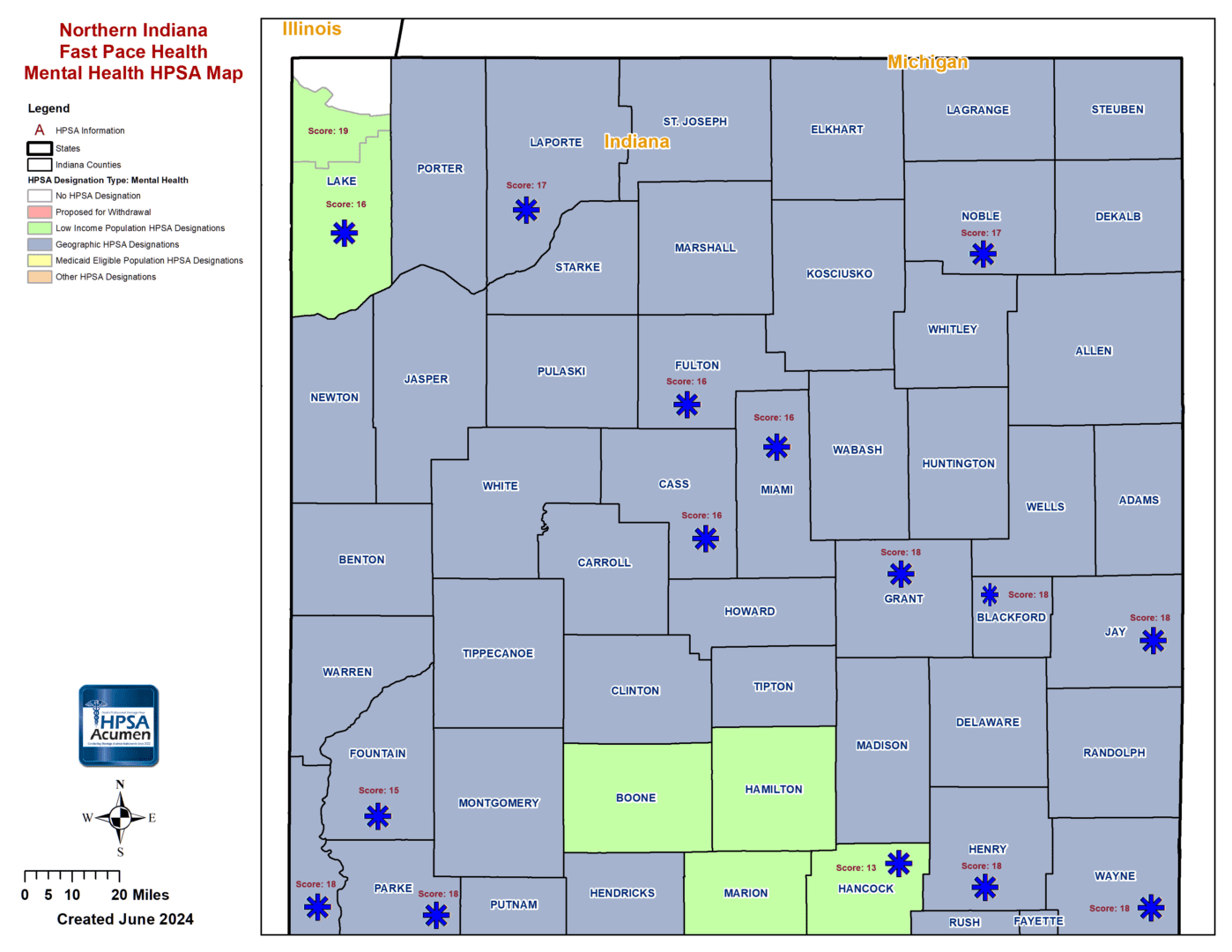 IN - Fast Pace Health Northern Indiana MH HPSA Map