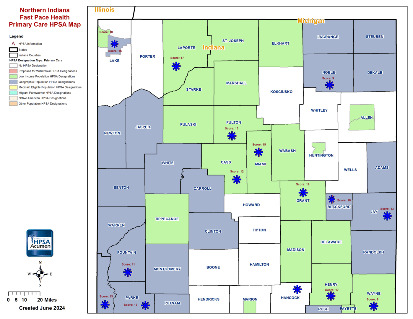 IN - Fast Pace Health Northern Indiana PC HPSA Map