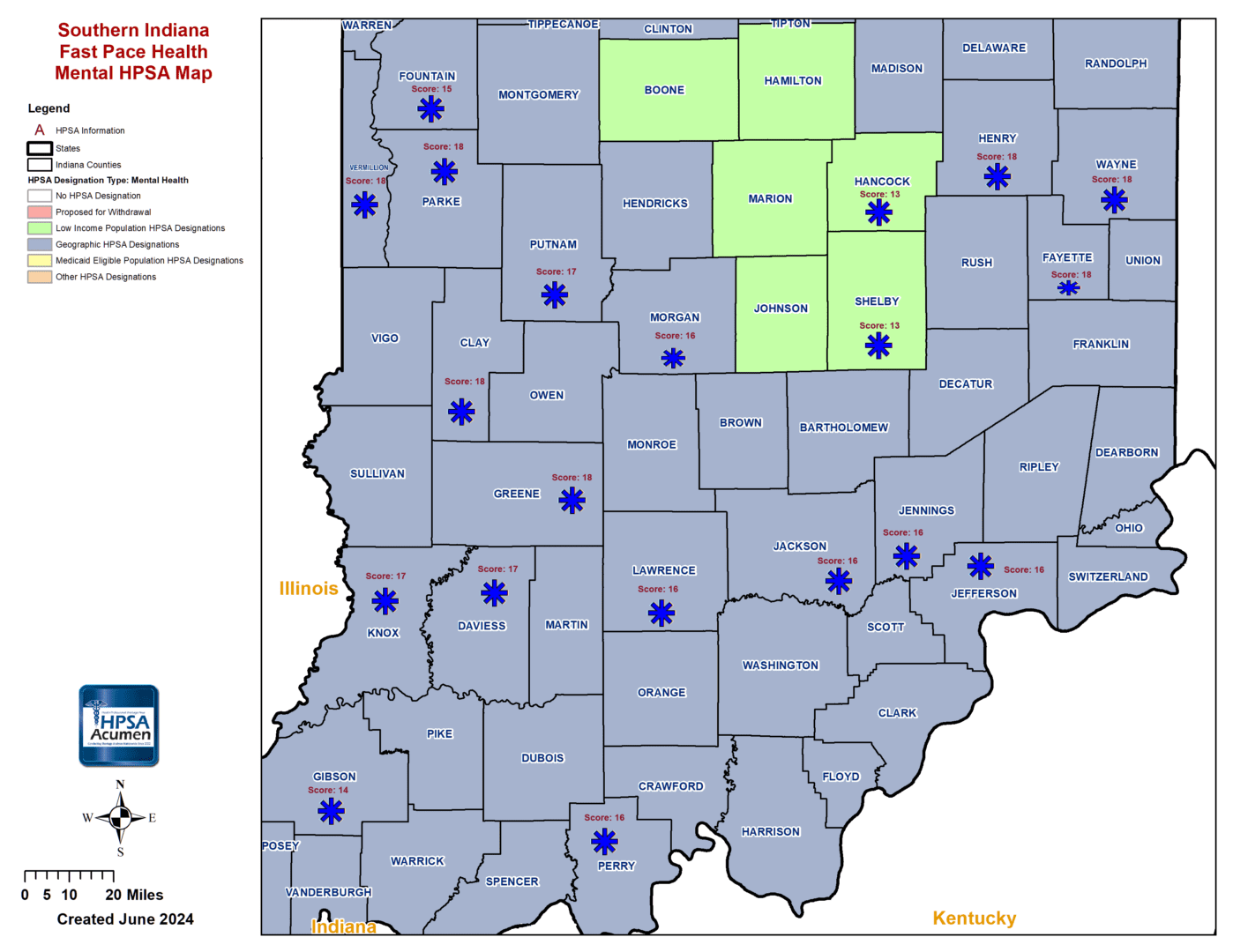 IN - Fast Pace Health Southern Indiana MH HPSA Map