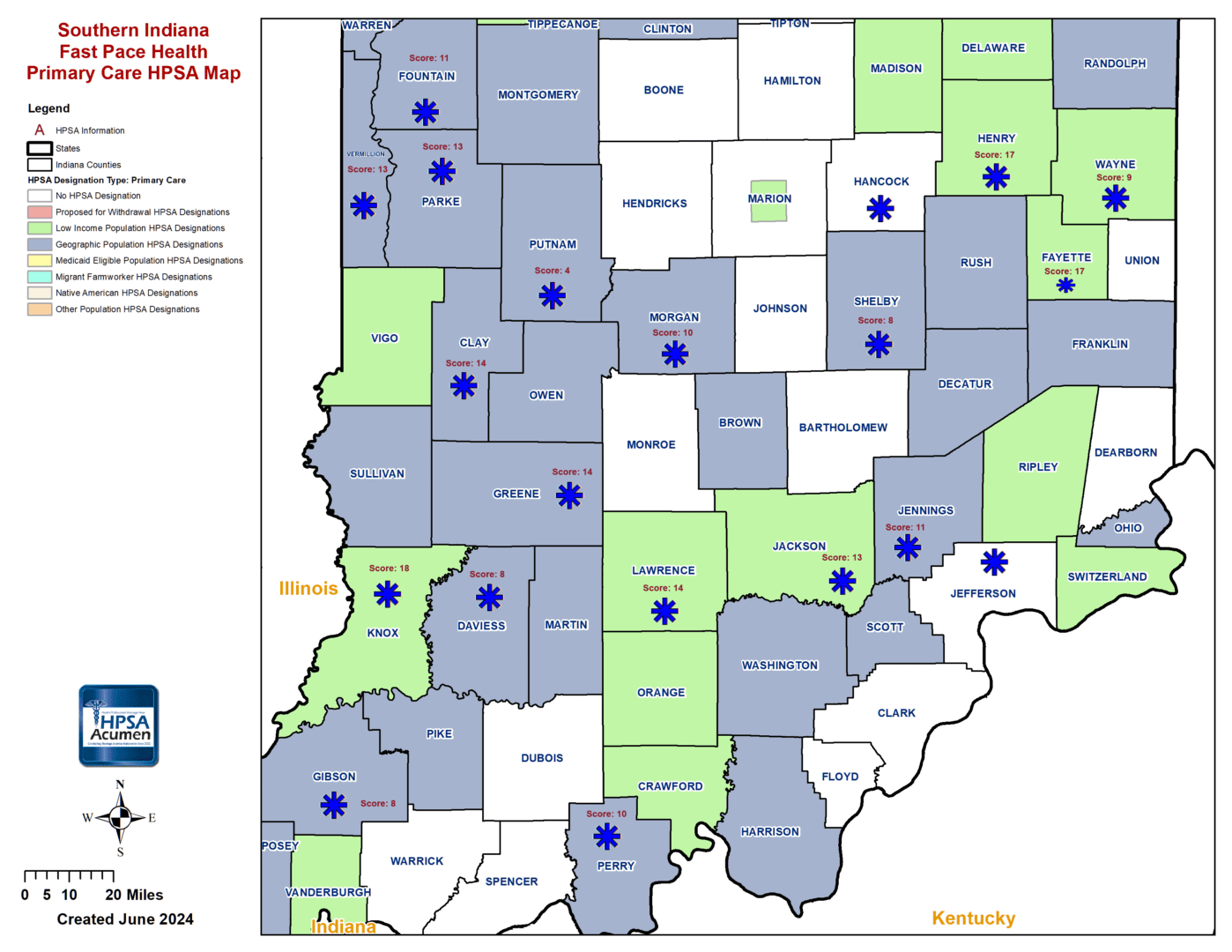 IN - Fast Pace Health Southern Indiana PC HPSA Map