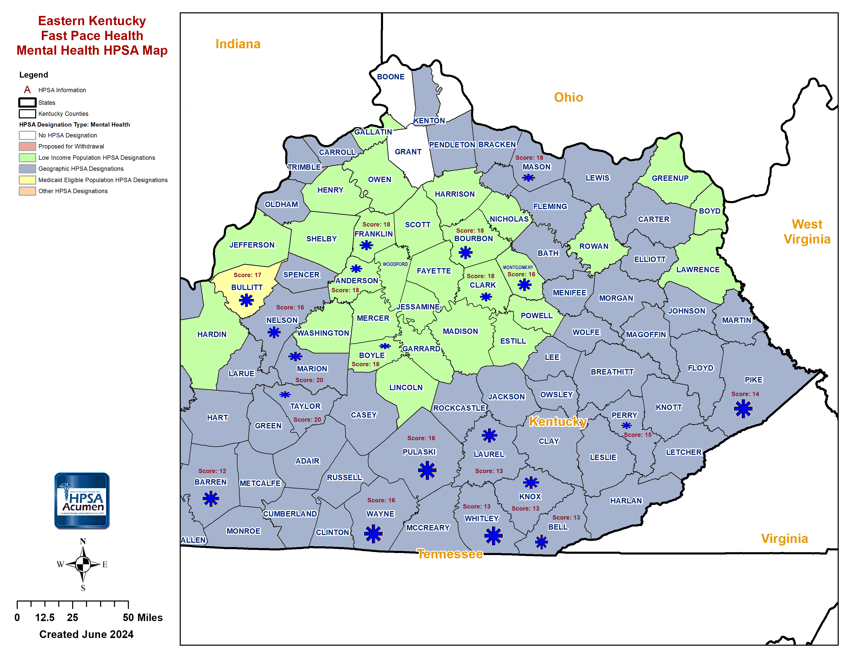 KY - Fast Pace Health Eastern Kentucky MH HPSA Map