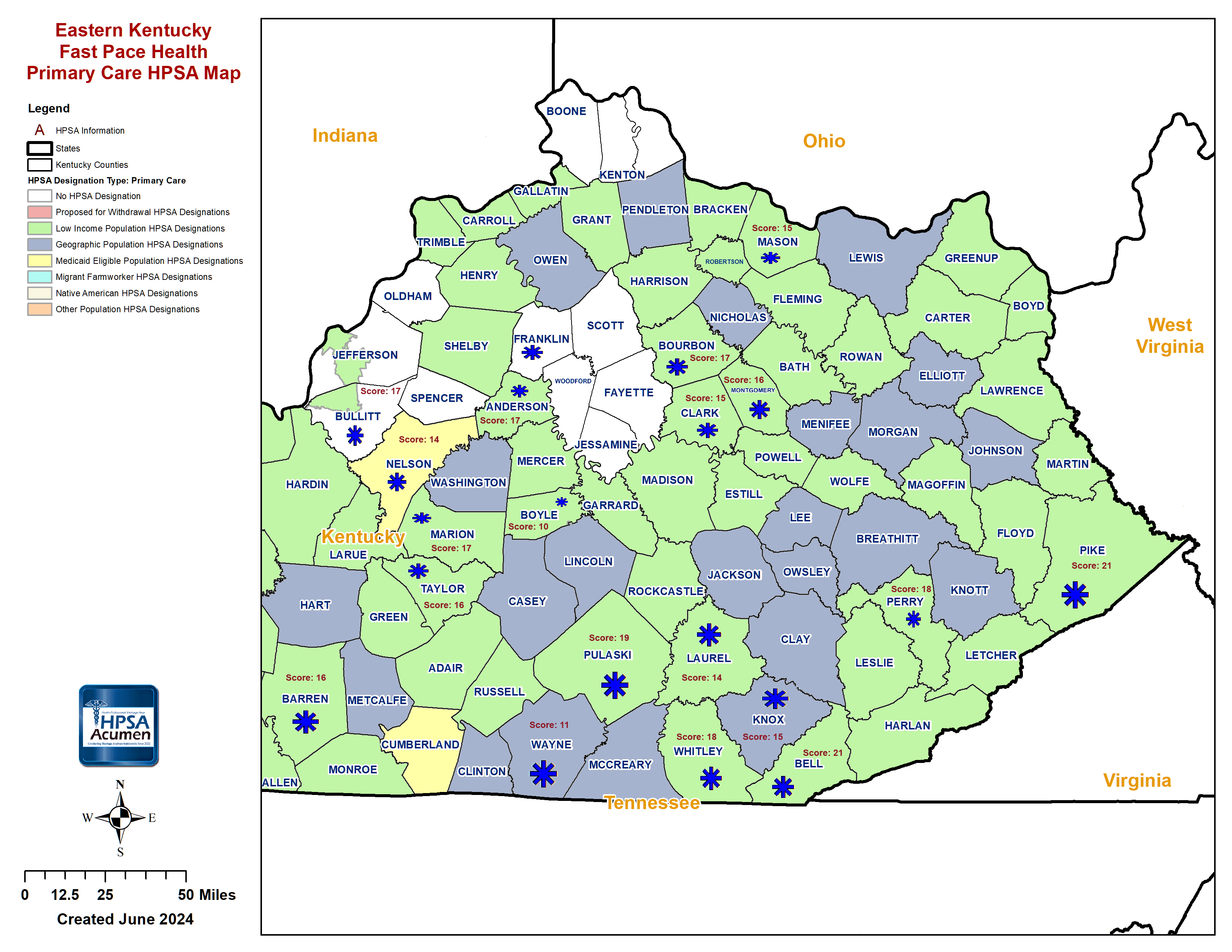 KY - Fast Pace Health Eastern Kentucky PC HPSA Map