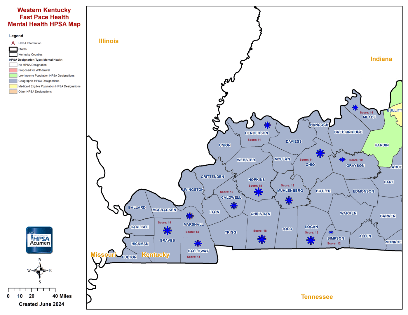 KY - Fast Pace Health Western Kentucky MH HPSA Map