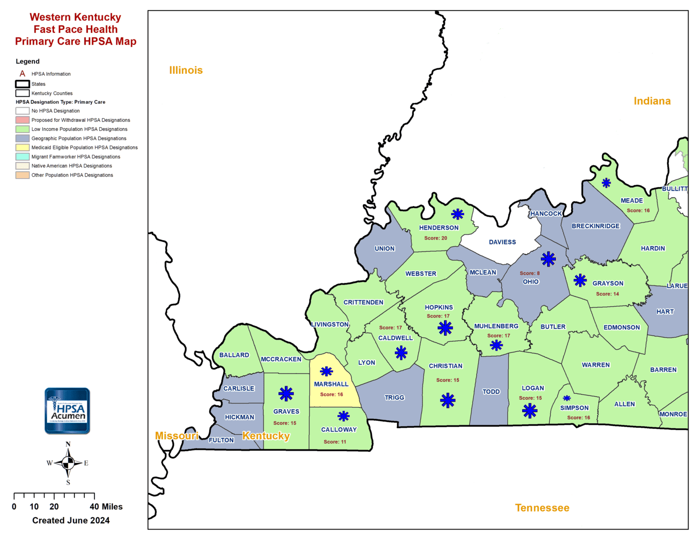 KY - Fast Pace Health Western Kentucky PC HPSA Map