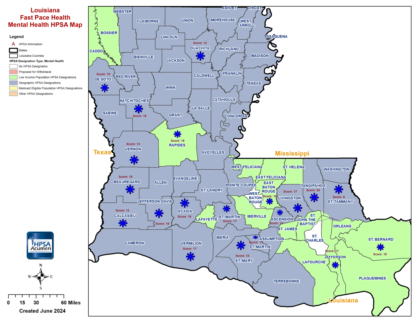 LA - Fast Pace Health Louisiana MH HPSA Map