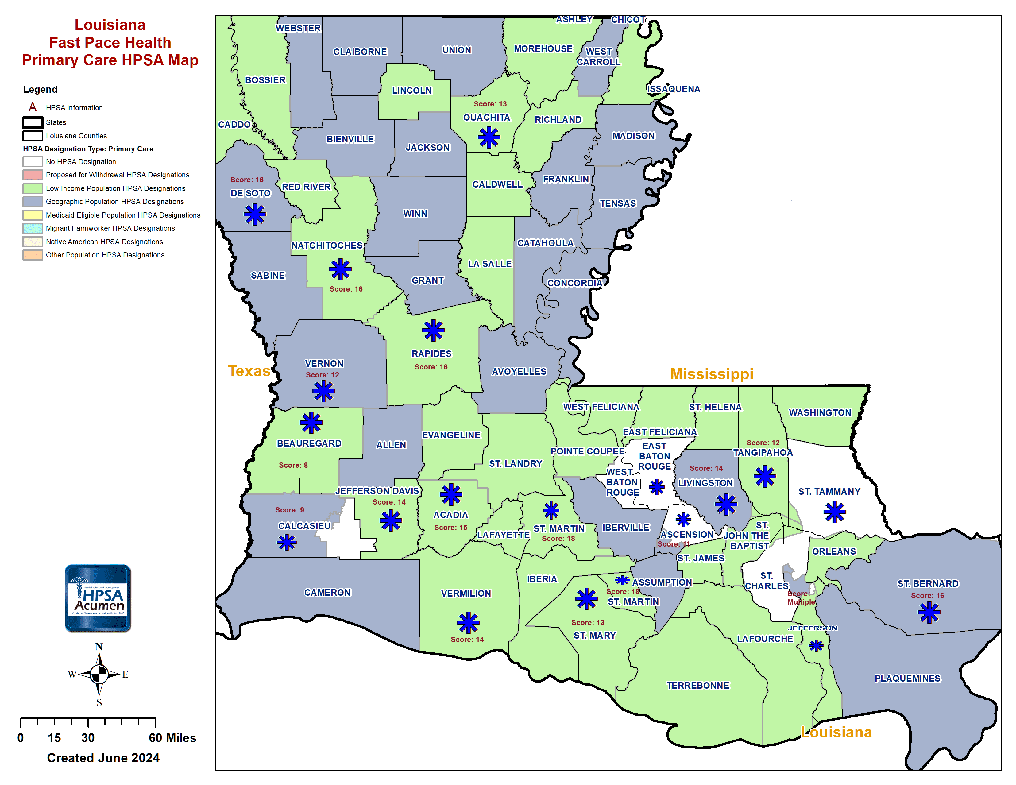 LA - Fast Pace Health Louisiana PC HPSA Map