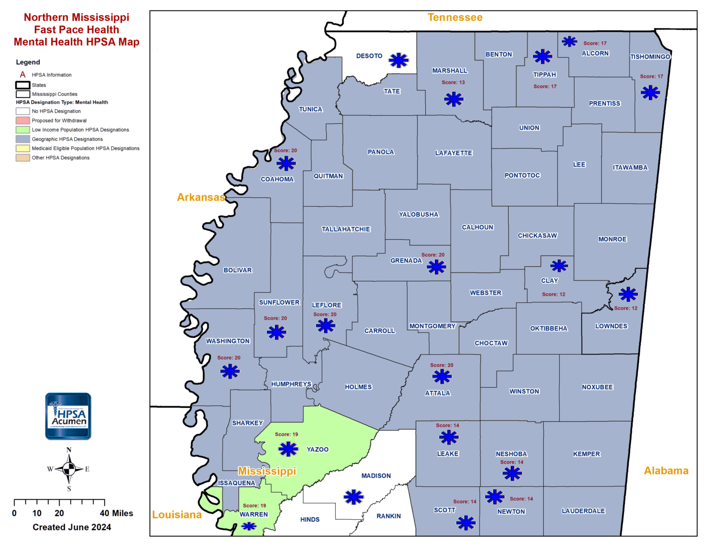 MS - Fast Pace Health Northern Mississippi MH HPSA Map